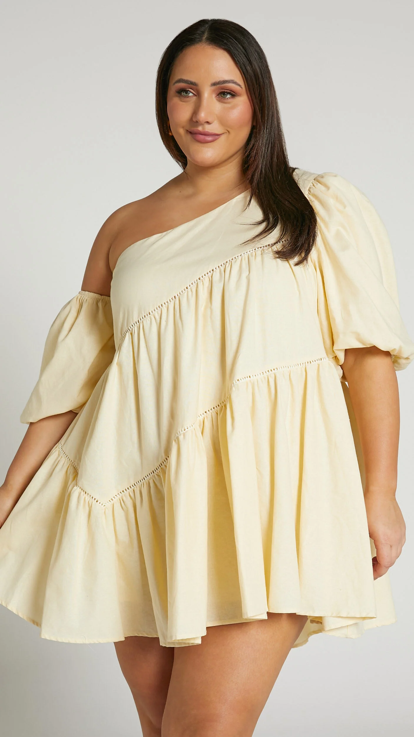 Harleen Mini Dress - Linen Asymmetrical Trim Puff Sleeve Dress in Beige