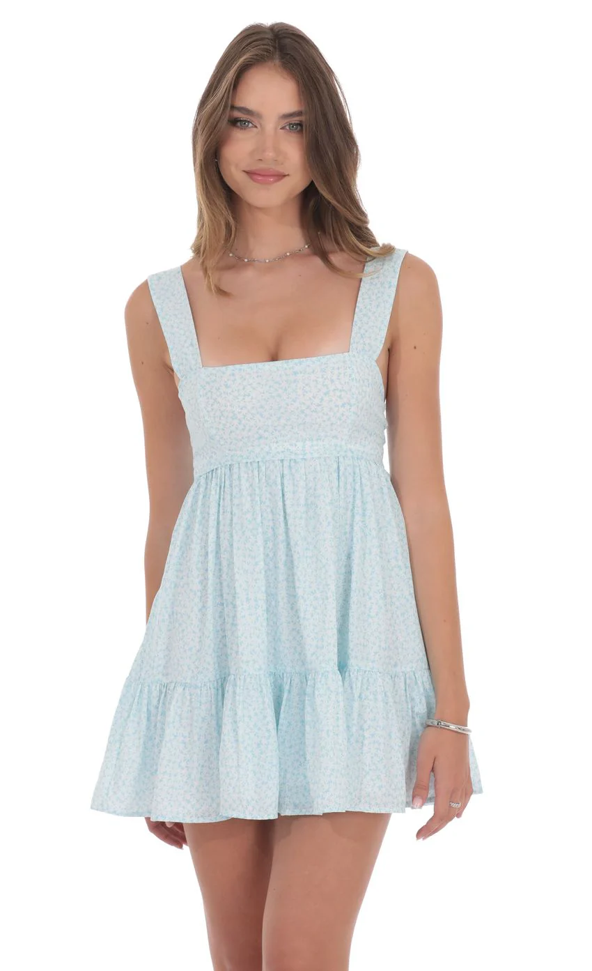 Floral Square Neckline Babydoll Dress in Blue and White