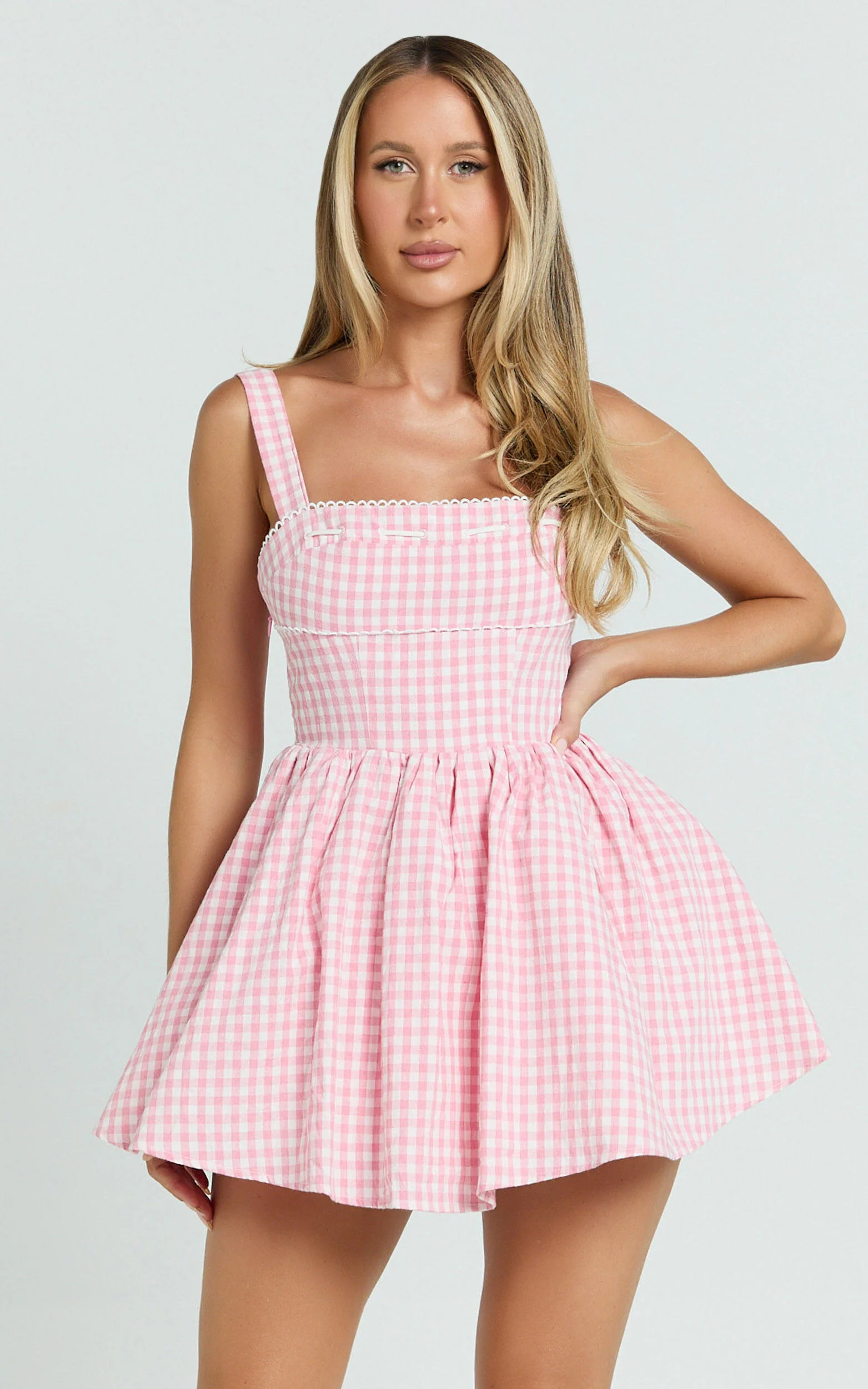 Caitlin Mini Dress - Gingham Square Neck Fit And Flare Dress in Pink