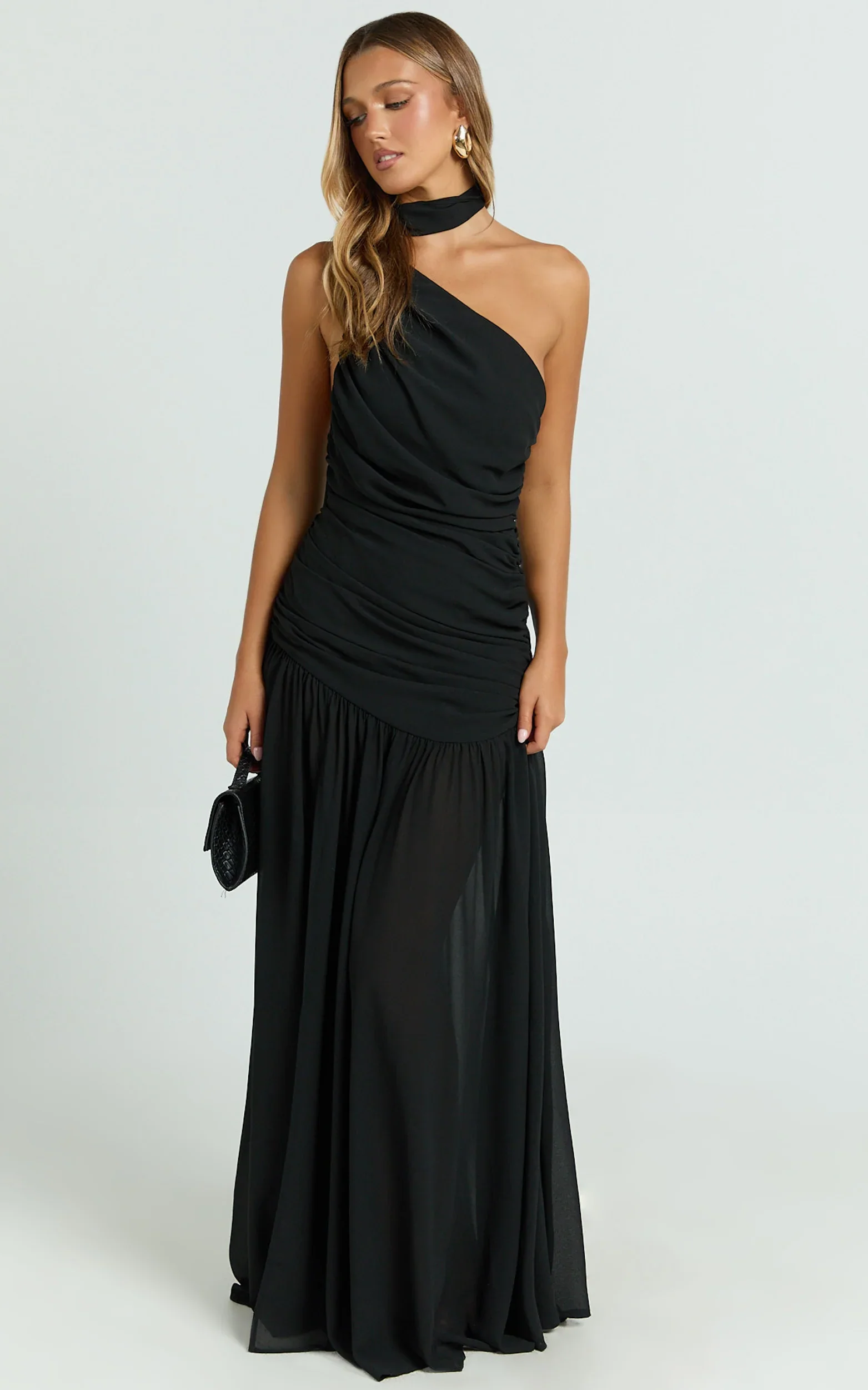 Enya Maxi Dress - One Shoulder Neck Tie Ruched High Split Dress in Black