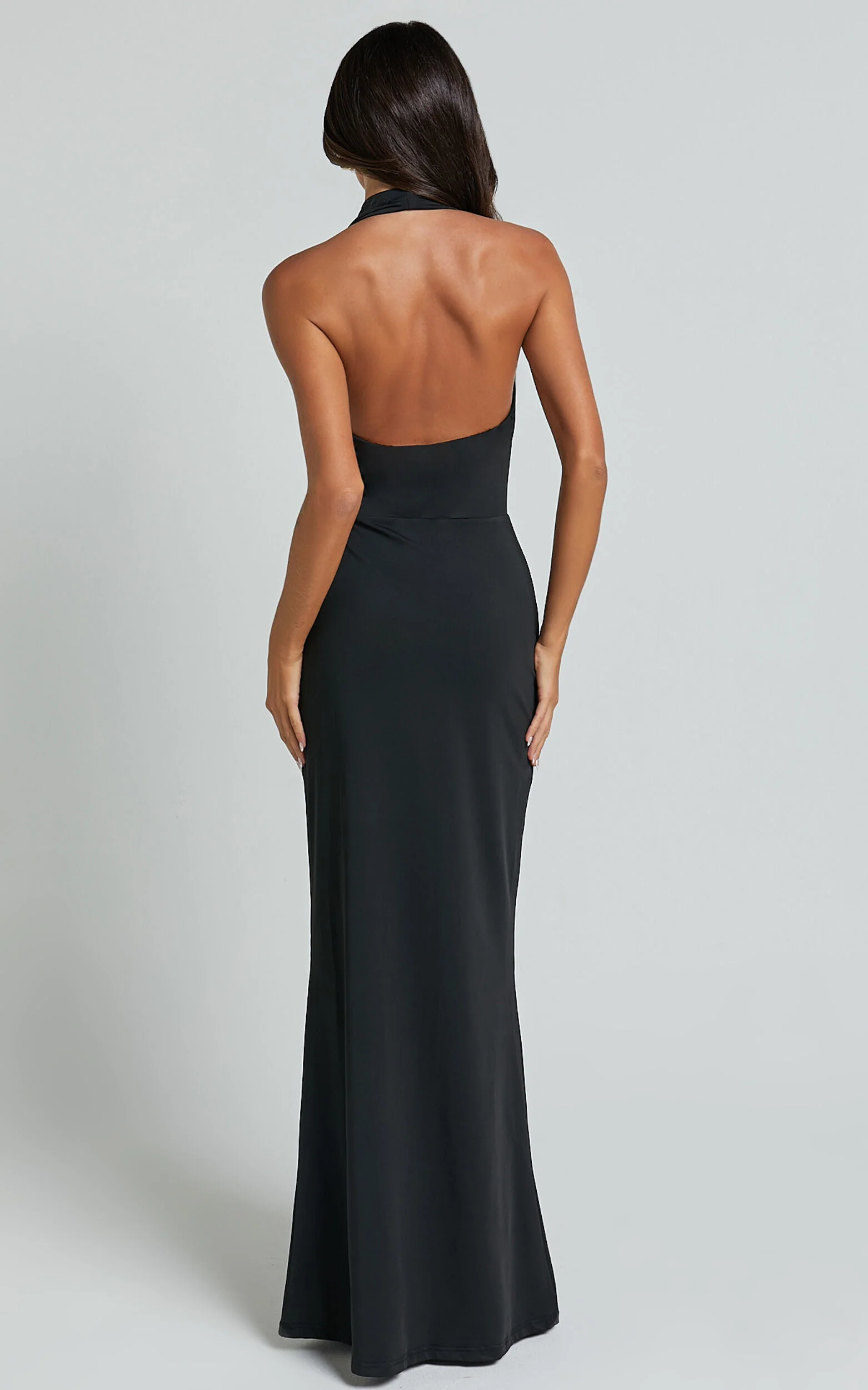 Sylvana Maxi Dress - Cowl Halter Neck Bodycon Dress in Black