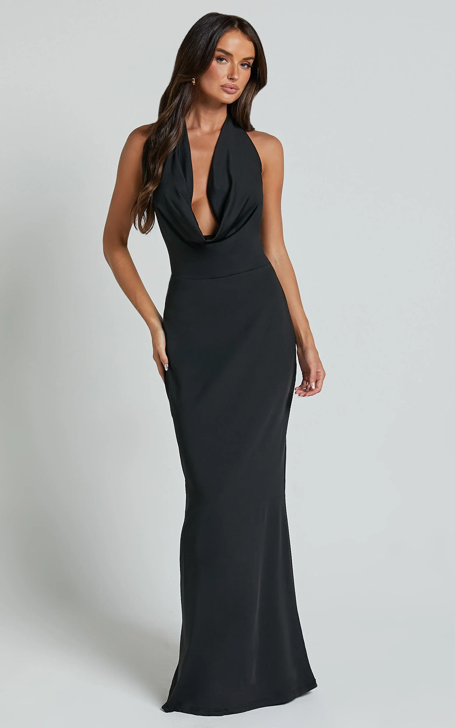 Sylvana Maxi Dress - Cowl Halter Neck Bodycon Dress in Black