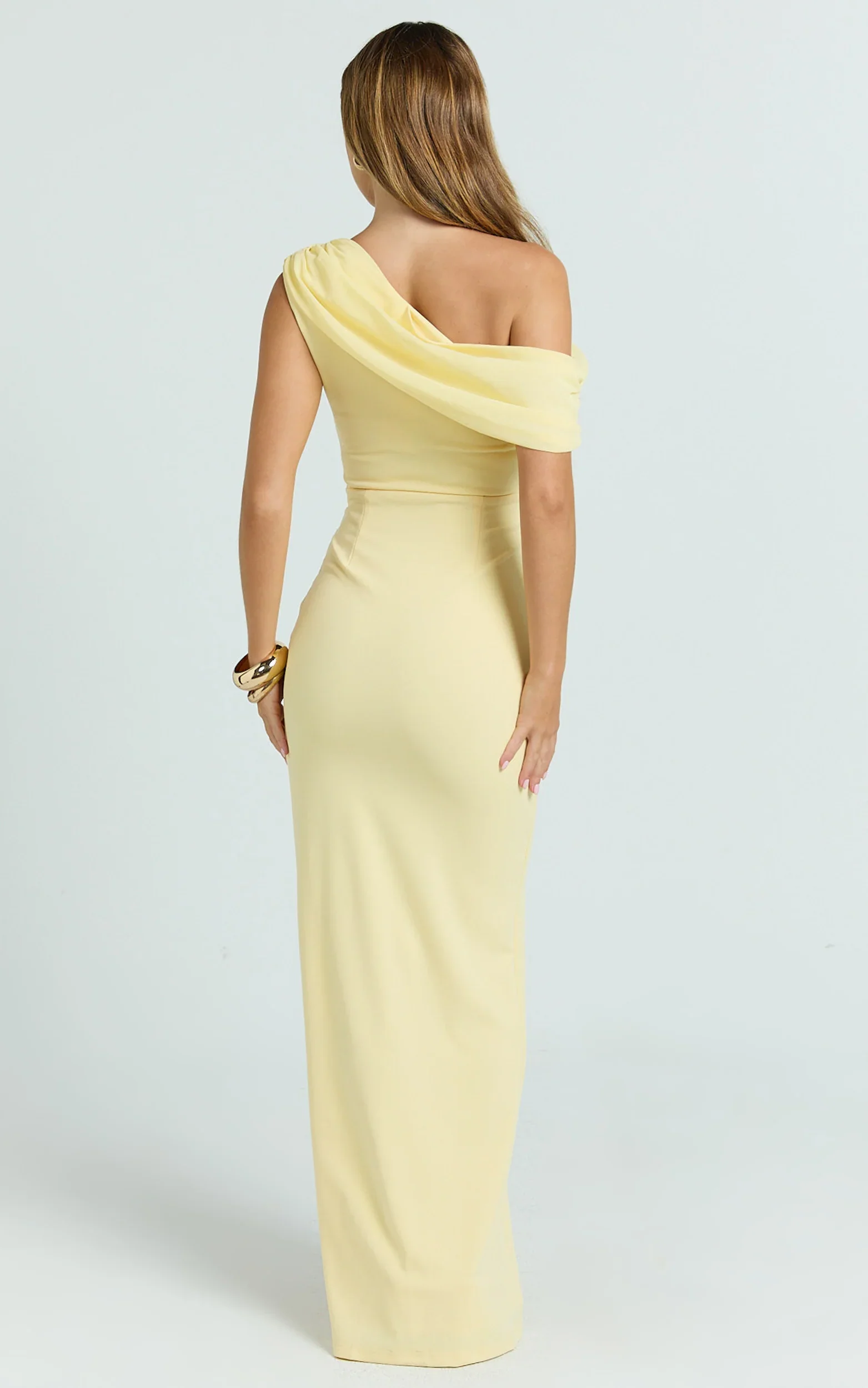 Helen Maxi Dress - One Shoulder Draped Fitted Dress in Lemon