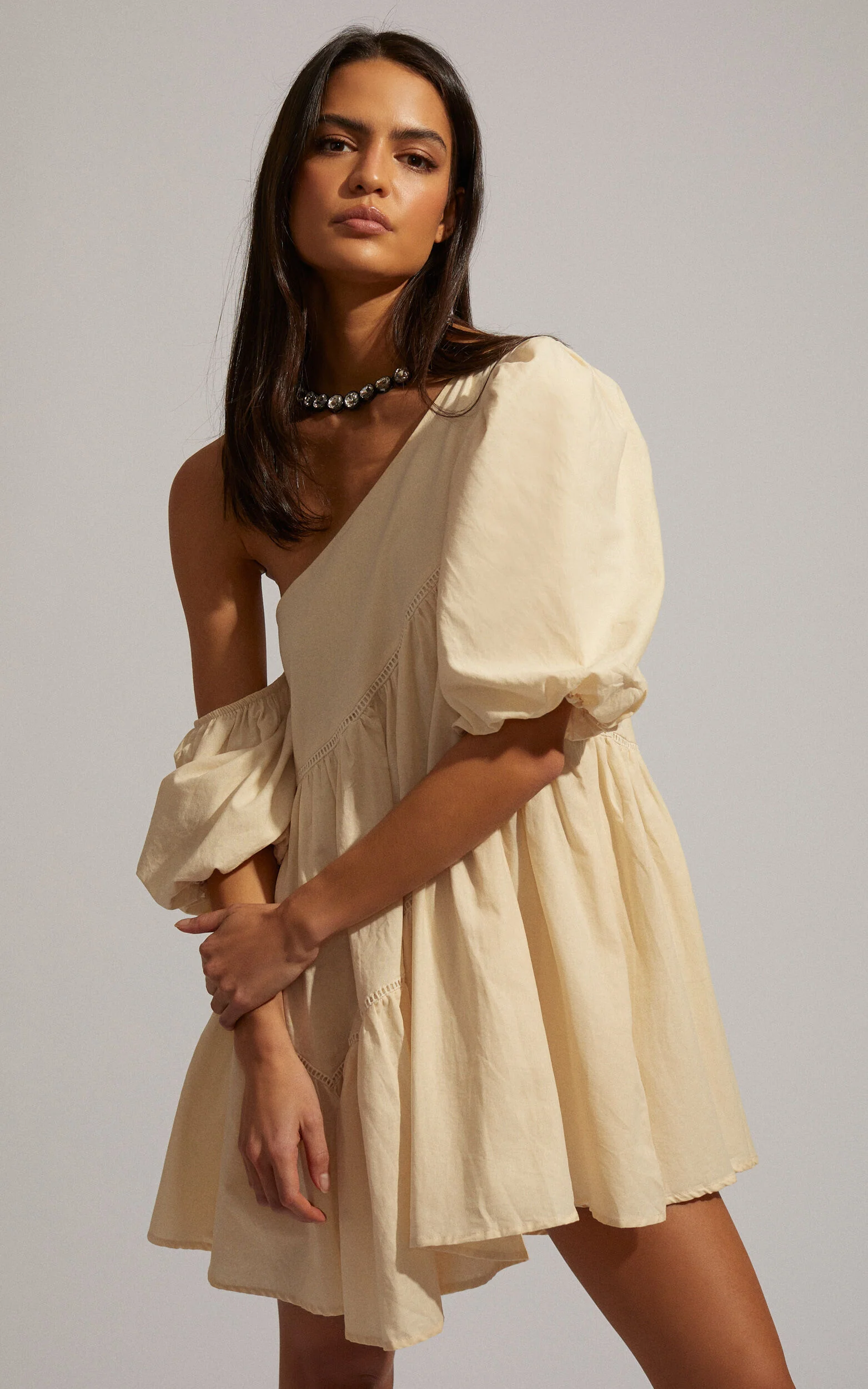Harleen Mini Dress - Linen Asymmetrical Trim Puff Sleeve Dress in Beige