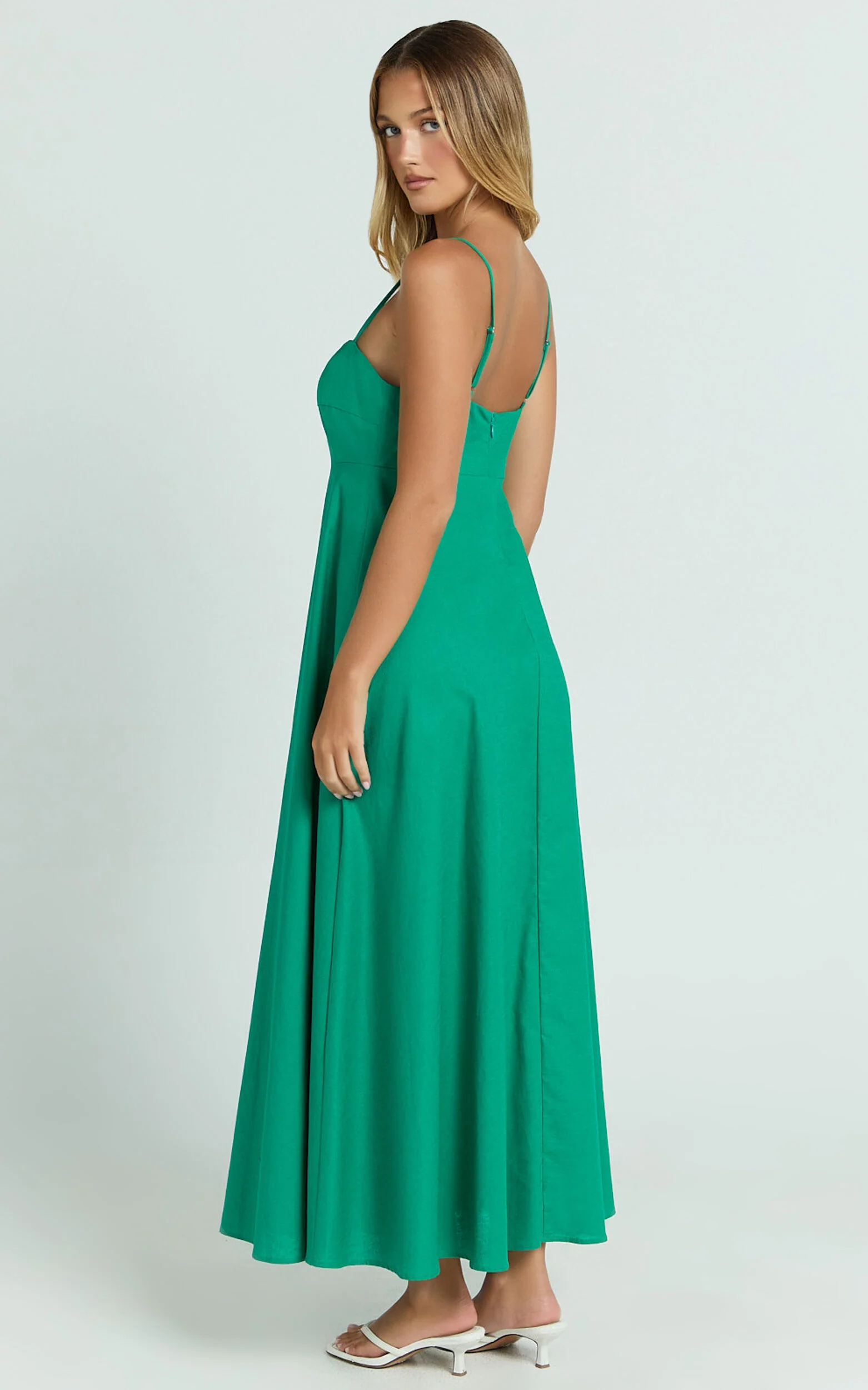 Brette Midi Dress - Linen Straight Neck Strappy Fit And Flare Dress in Green