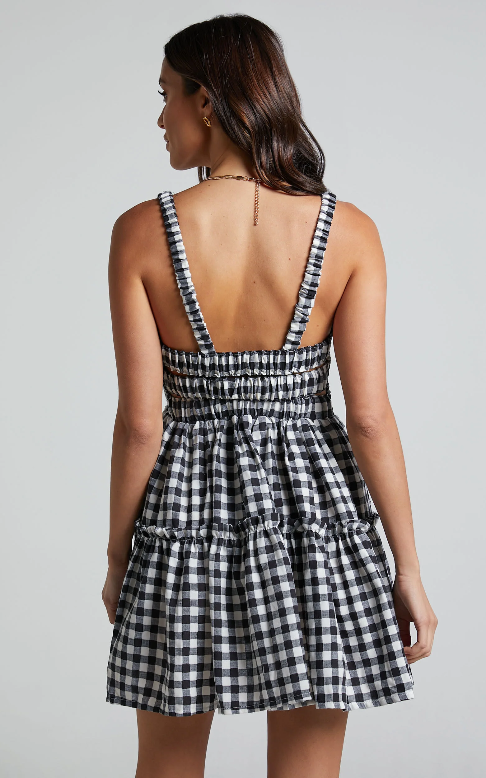 Wilda Mini Dress - Shirred Tiered Dress in Black and White Check