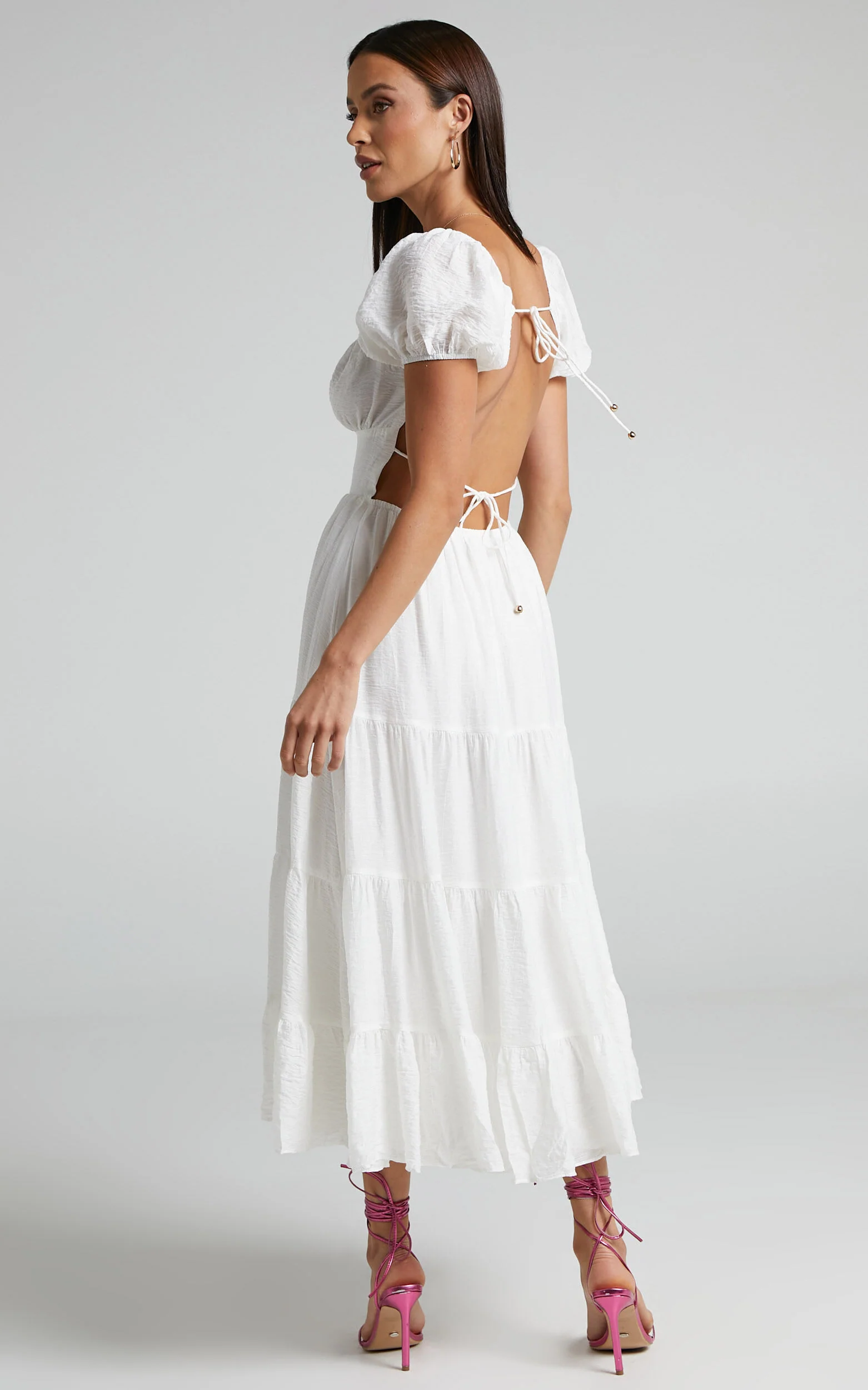Anita Midi Dress - Puff Sleeve Tiered Dress in White