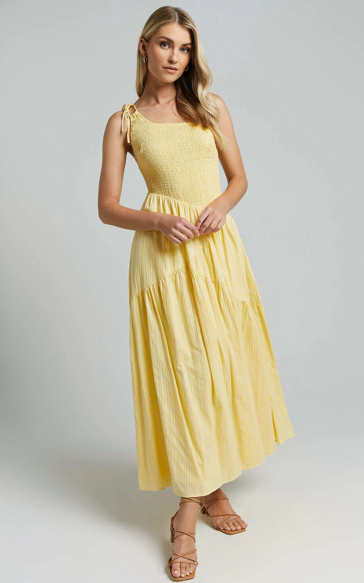 Zhibet Midi Dress - One Shoulder Tie Fit and Flare Dress in Yellow
