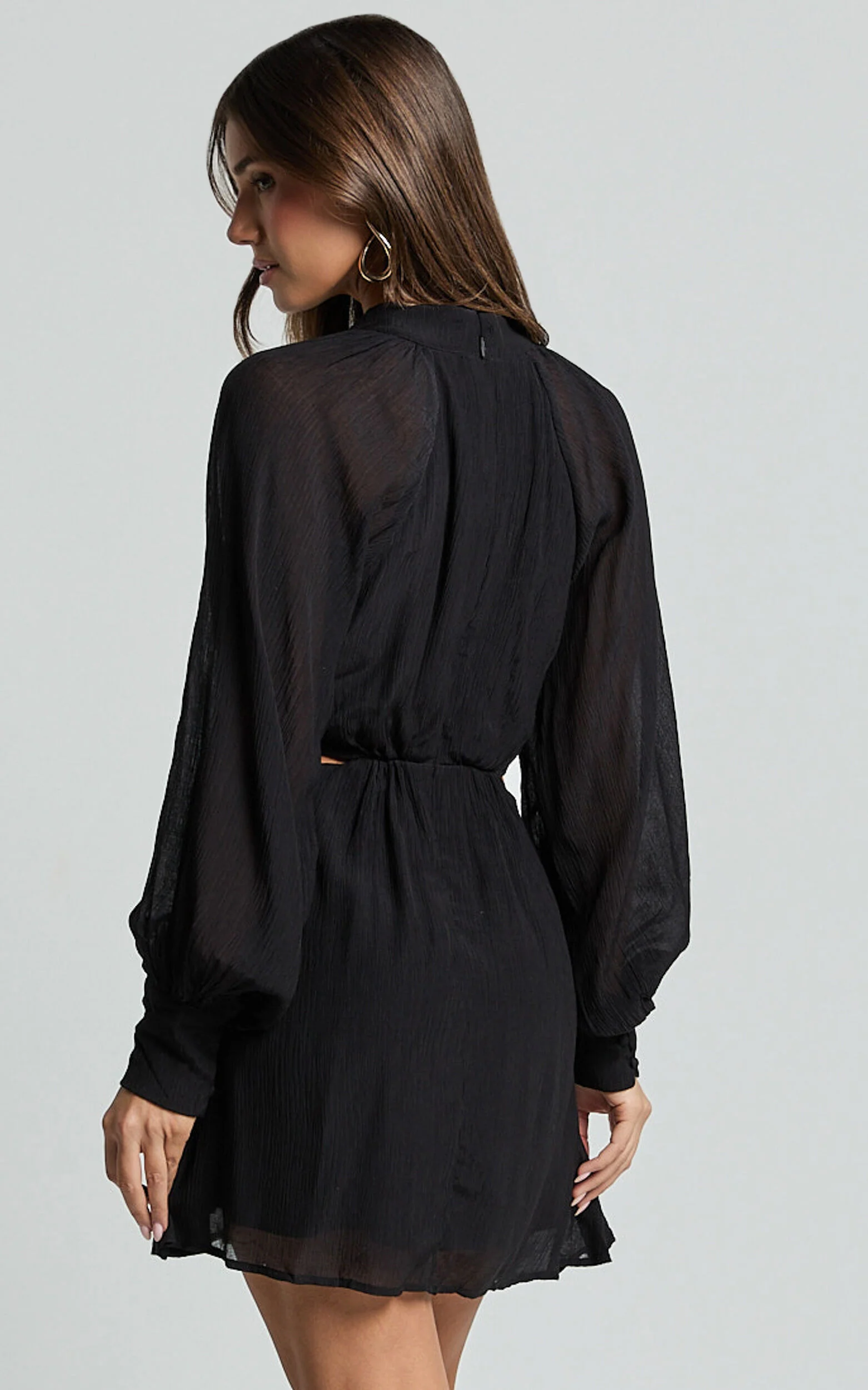 Xandria Mini Dress - Blouson Sleeve Cut Out Dress in Black