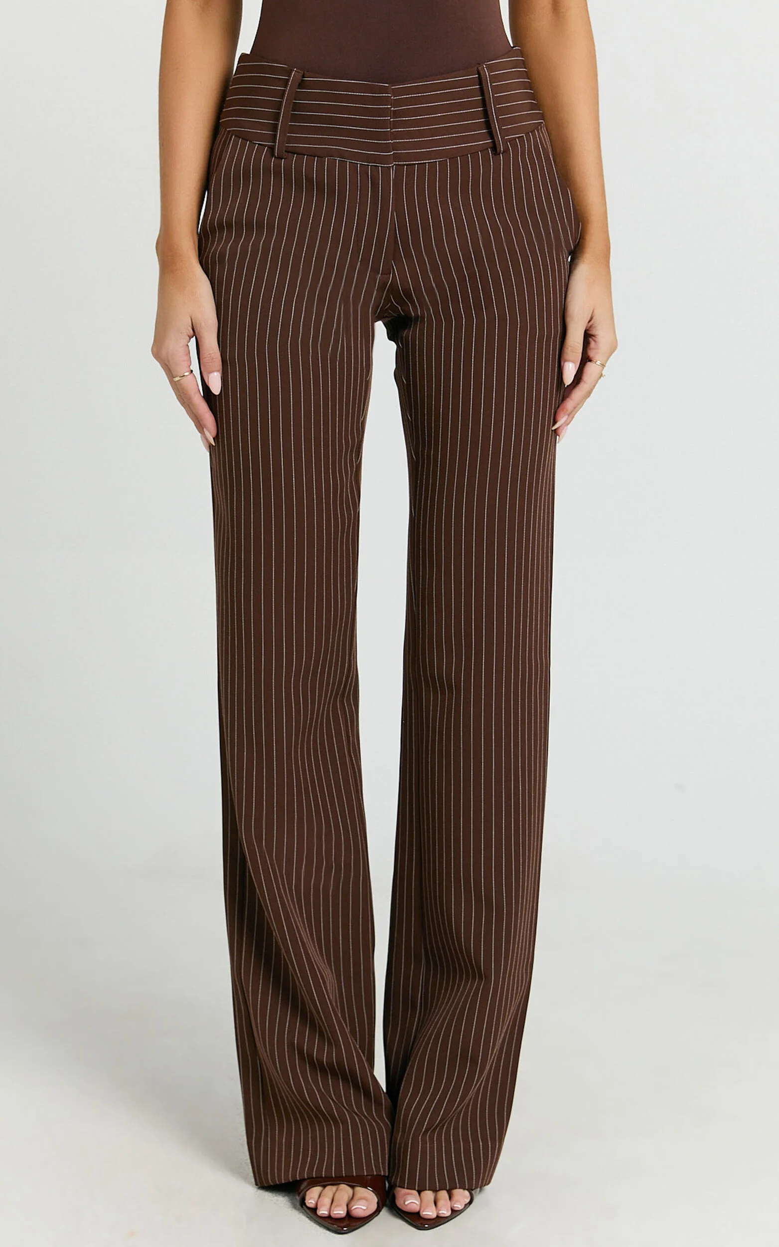 Elliot Pants - Mid Rise Pinstripe Bootleg Pants in Brown Stripe