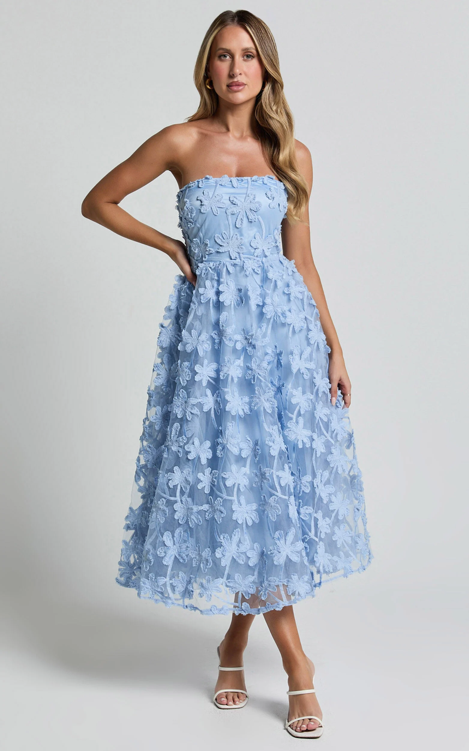 Rheiva Midi Dress - Strapless 3D Embroidery Midi Dress in SOFT BLUE