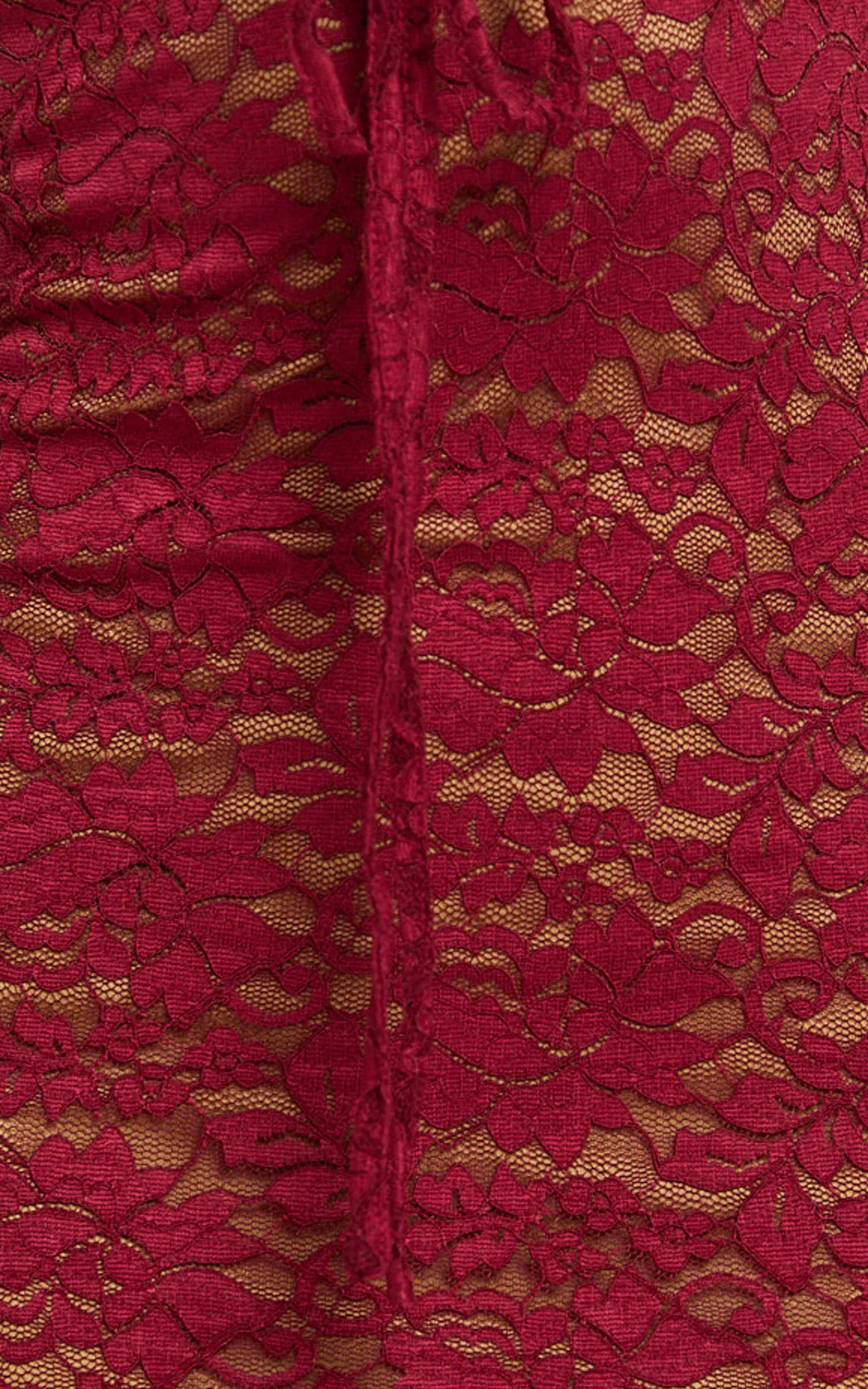 Collette Midi Dress - Ruched Bust Wide Strap Detail Lace Midi Dress in Wine