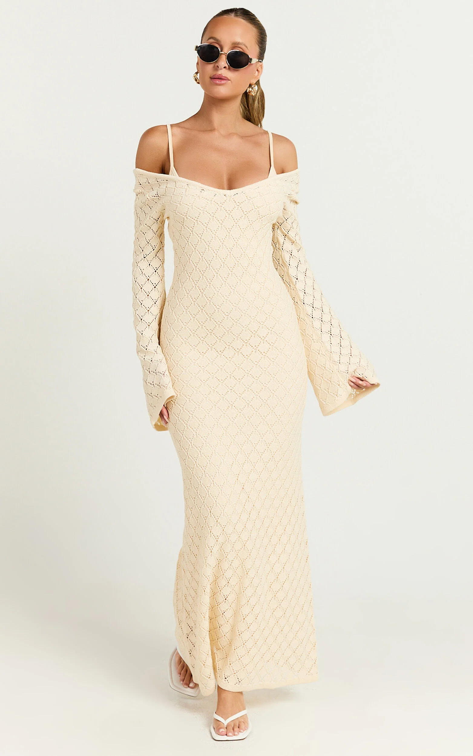 Halsey Maxi Dress - Crochet Scoop Neck Flare Sleeve Dress in Off White