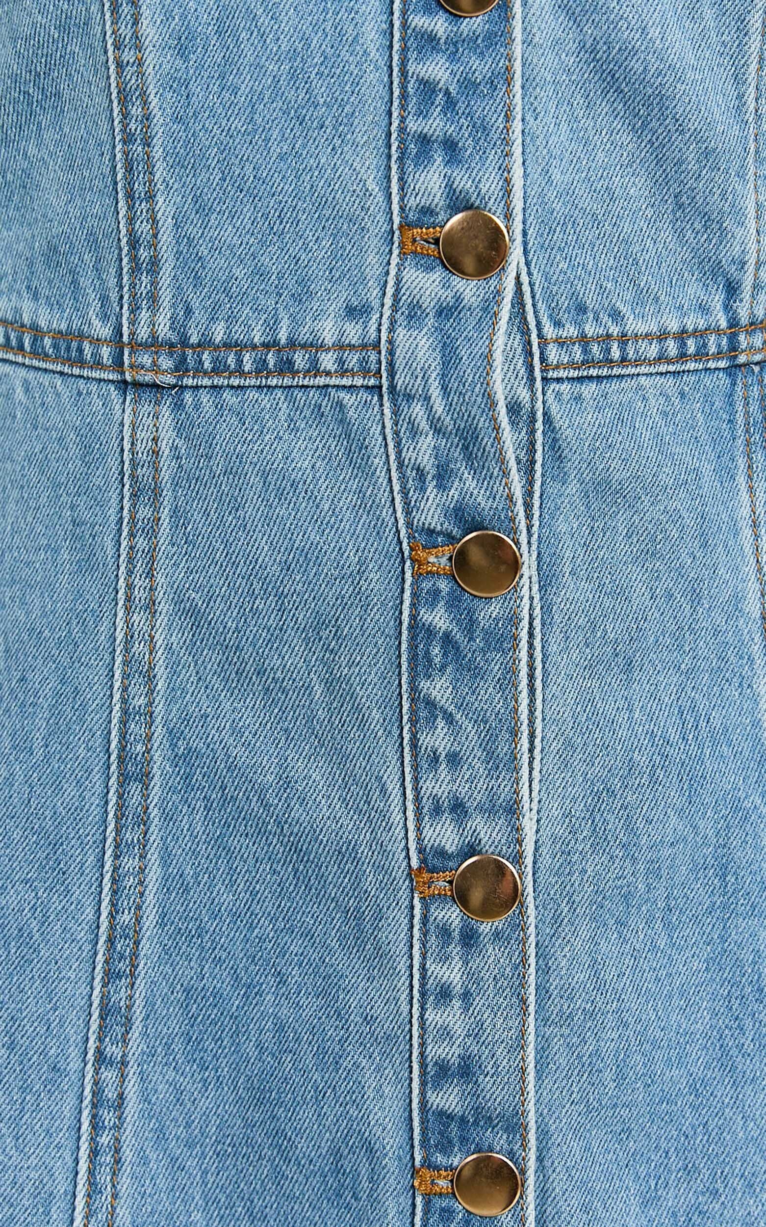 Alena Mini Dress - Sweetheart Button Down Sleeveless Bodycon Denim Dress in Mid Blue Wash