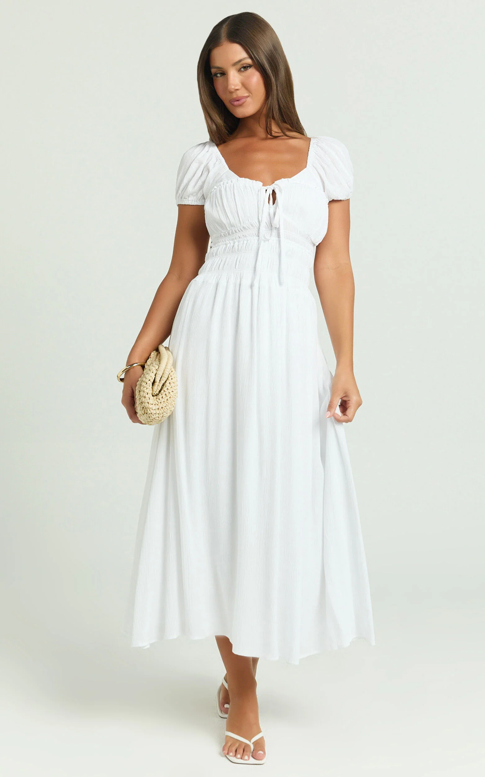 Nova Midi Dress - Open Back Ruched Dress in White