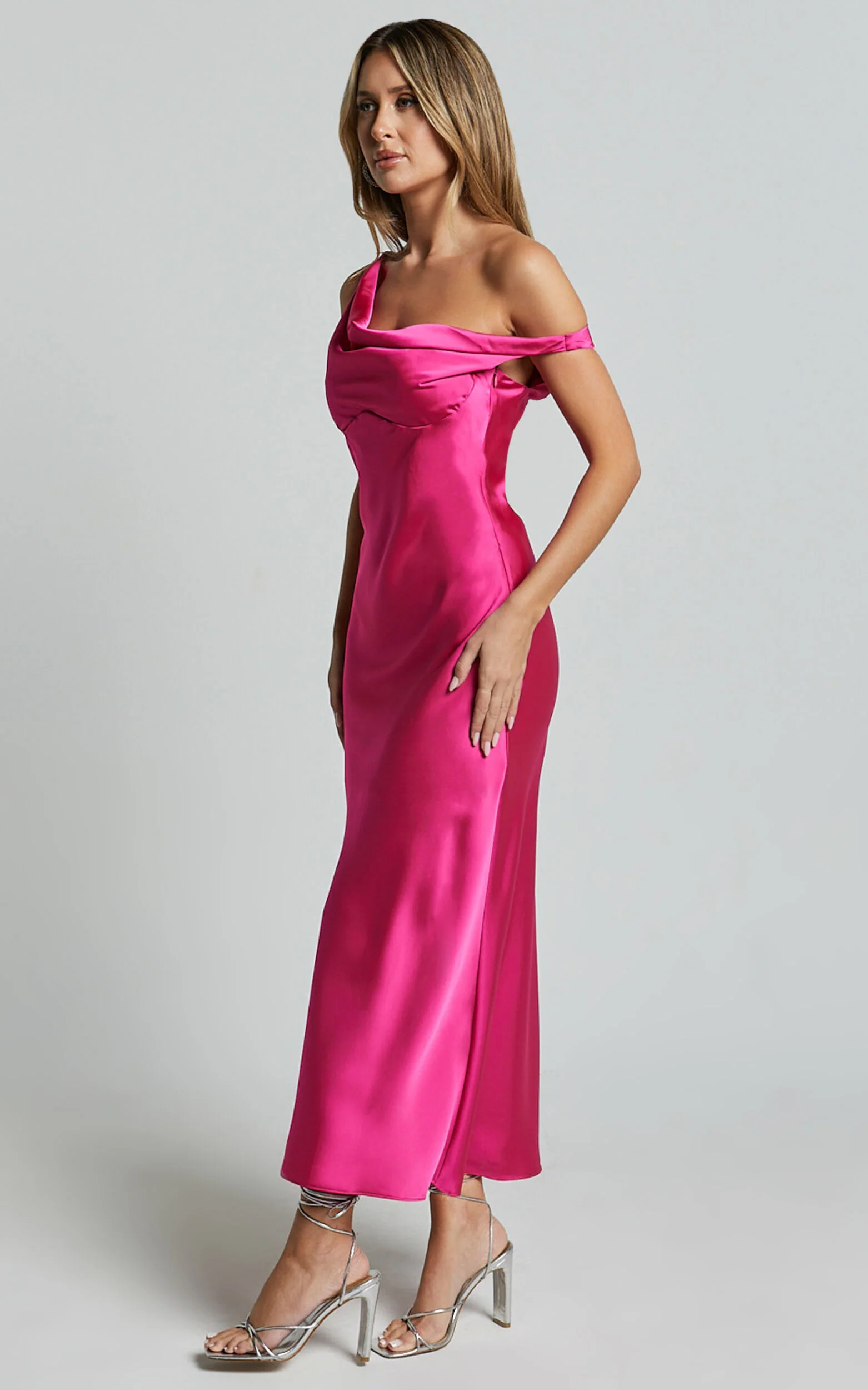Alexia Midi Dress - One Shoulder Bust Slip Dress in Fuschia