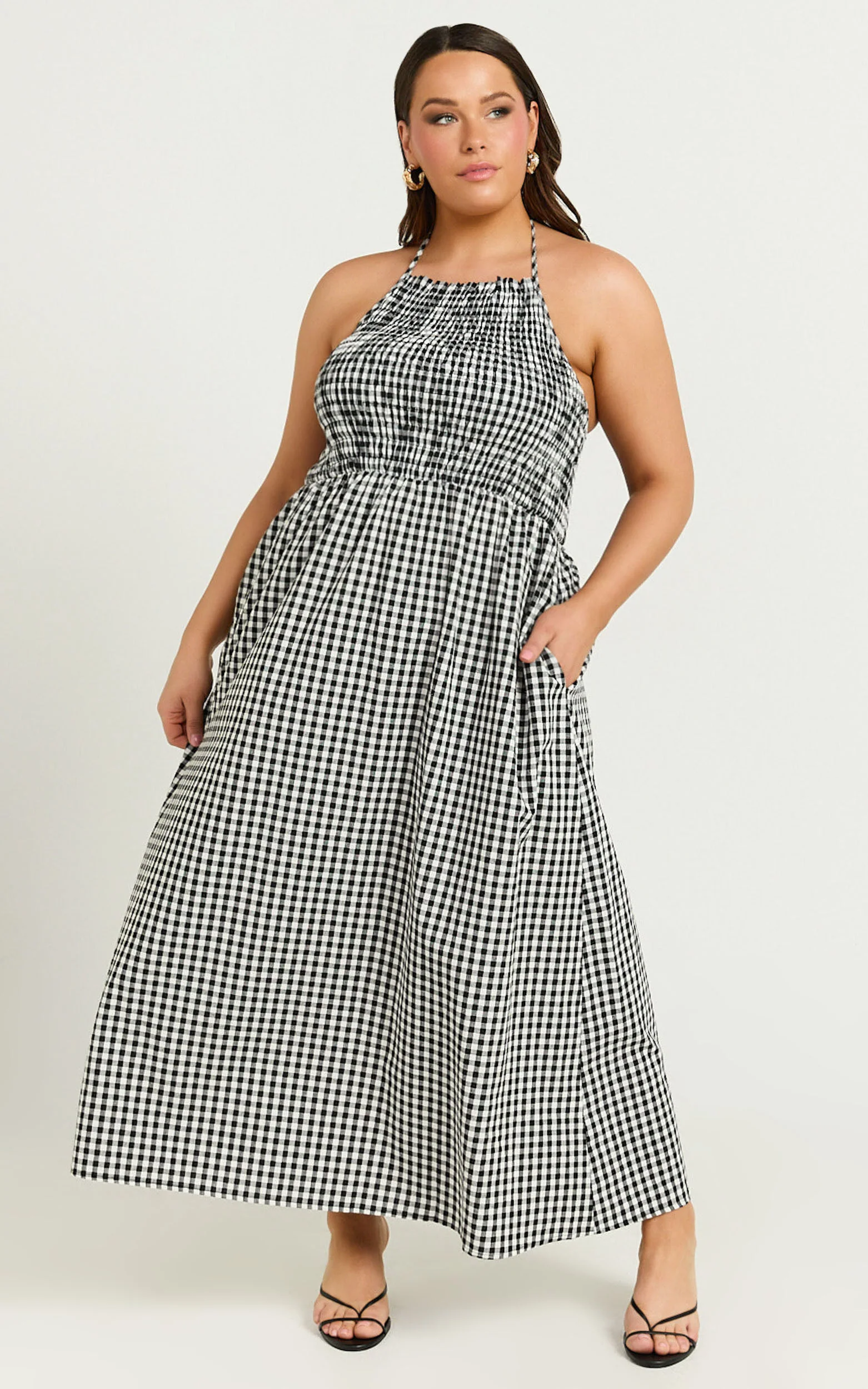 Aimie Midi Dress - Strappy Halter Neck Shirred Top in White Check