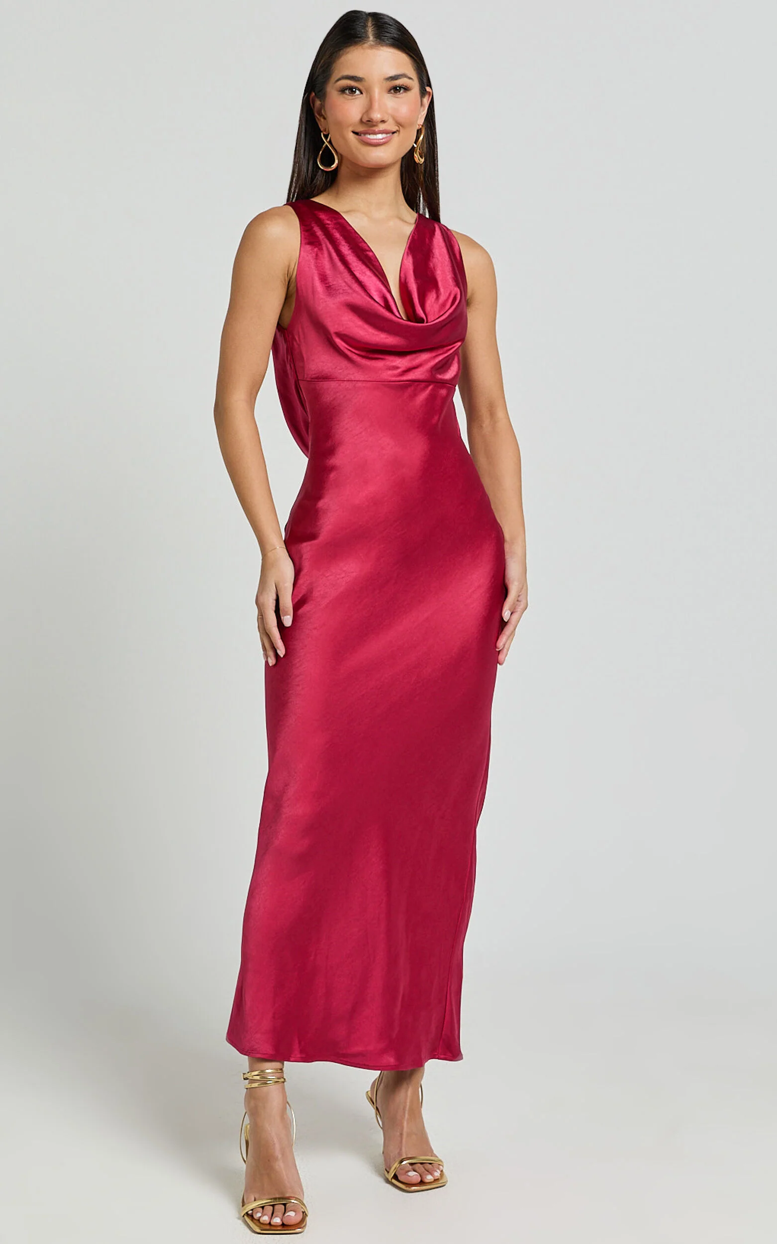 Geri Midi Dress - Cowl Neck Low Back Satin Dress in Berry