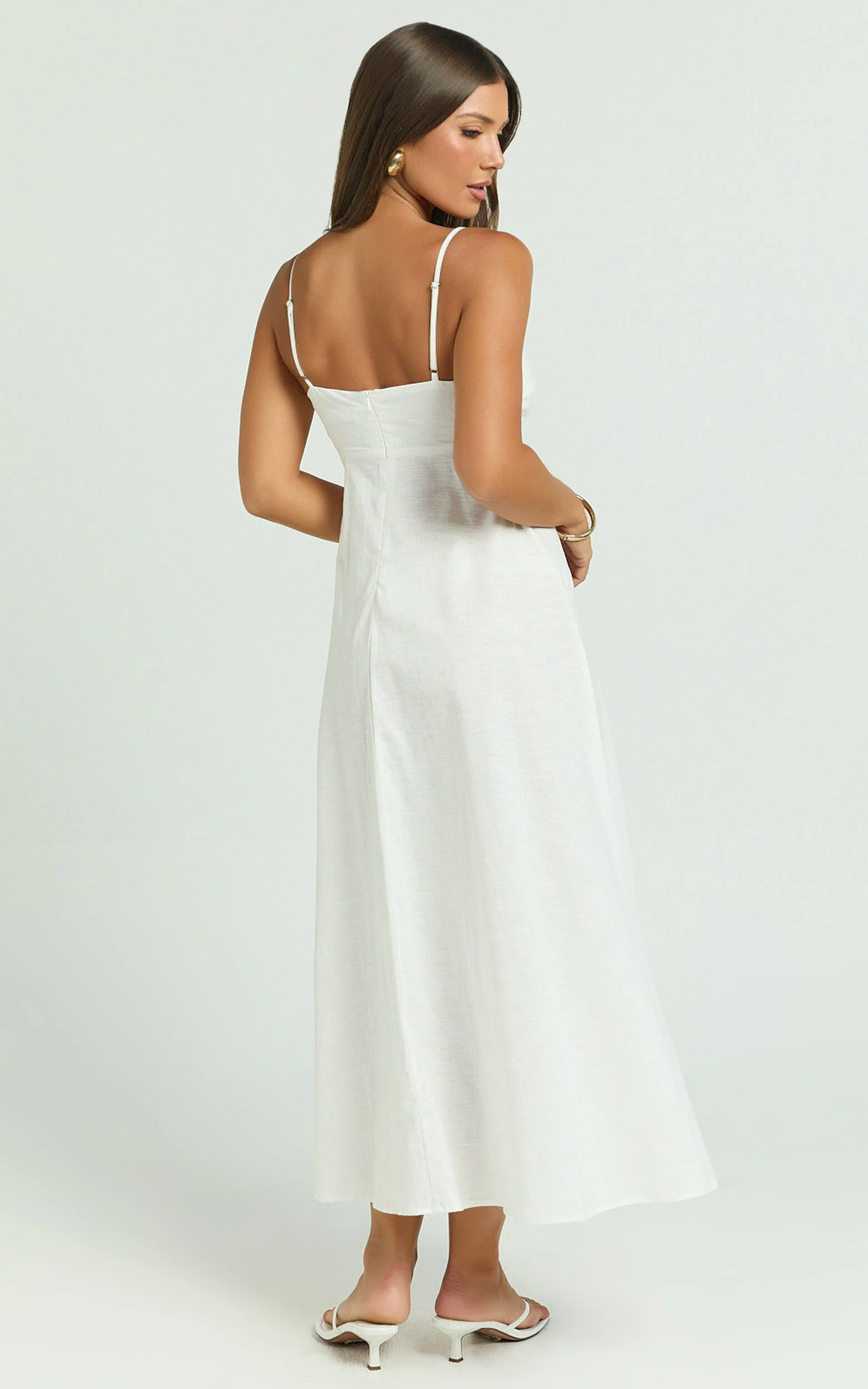 Brette Midi Dress - Linen Straight Neck Strappy Fit And Flare Dress in White