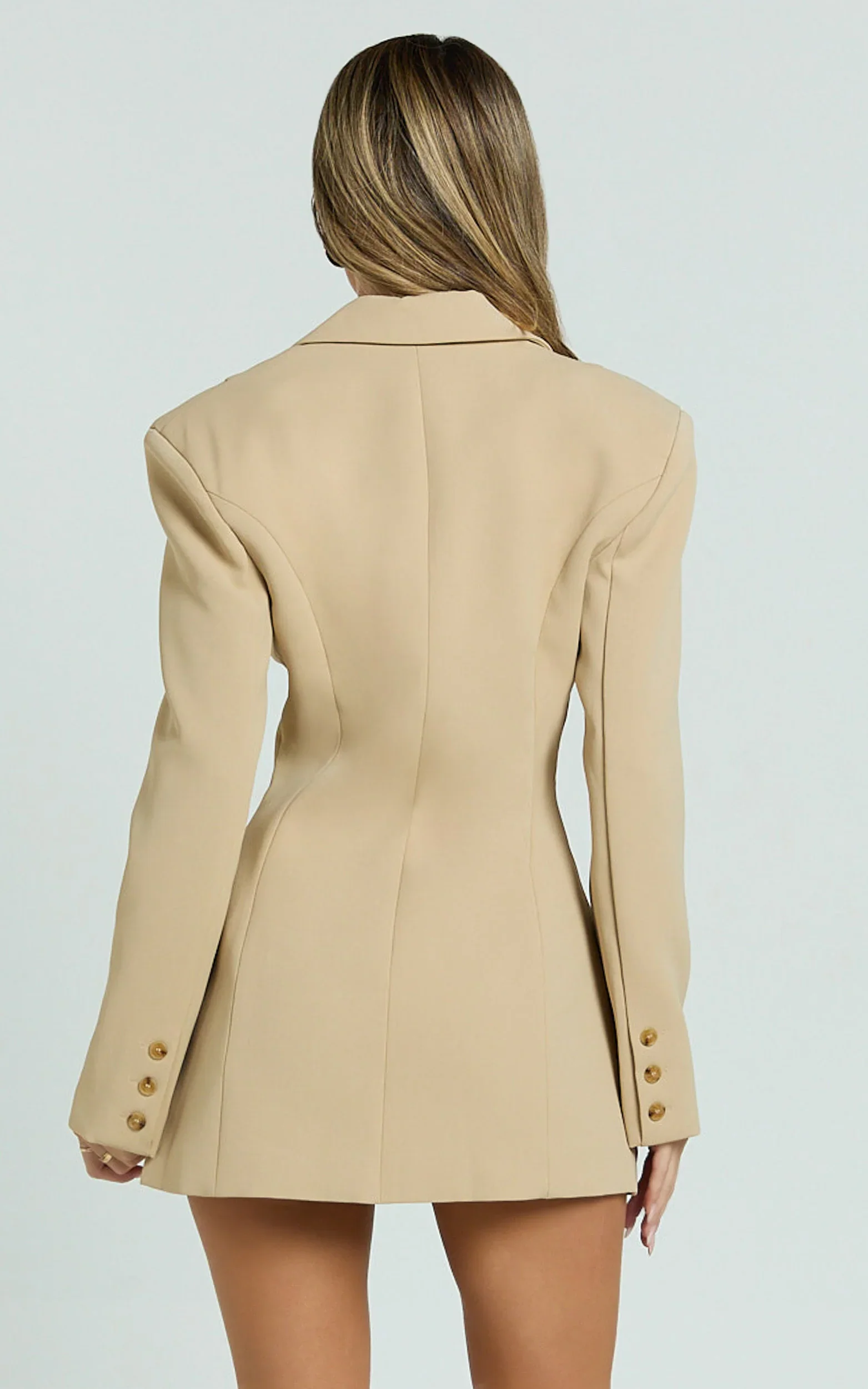 Shelley Mini Dress - Collared Double Breasted Blazer Dress in Beige
