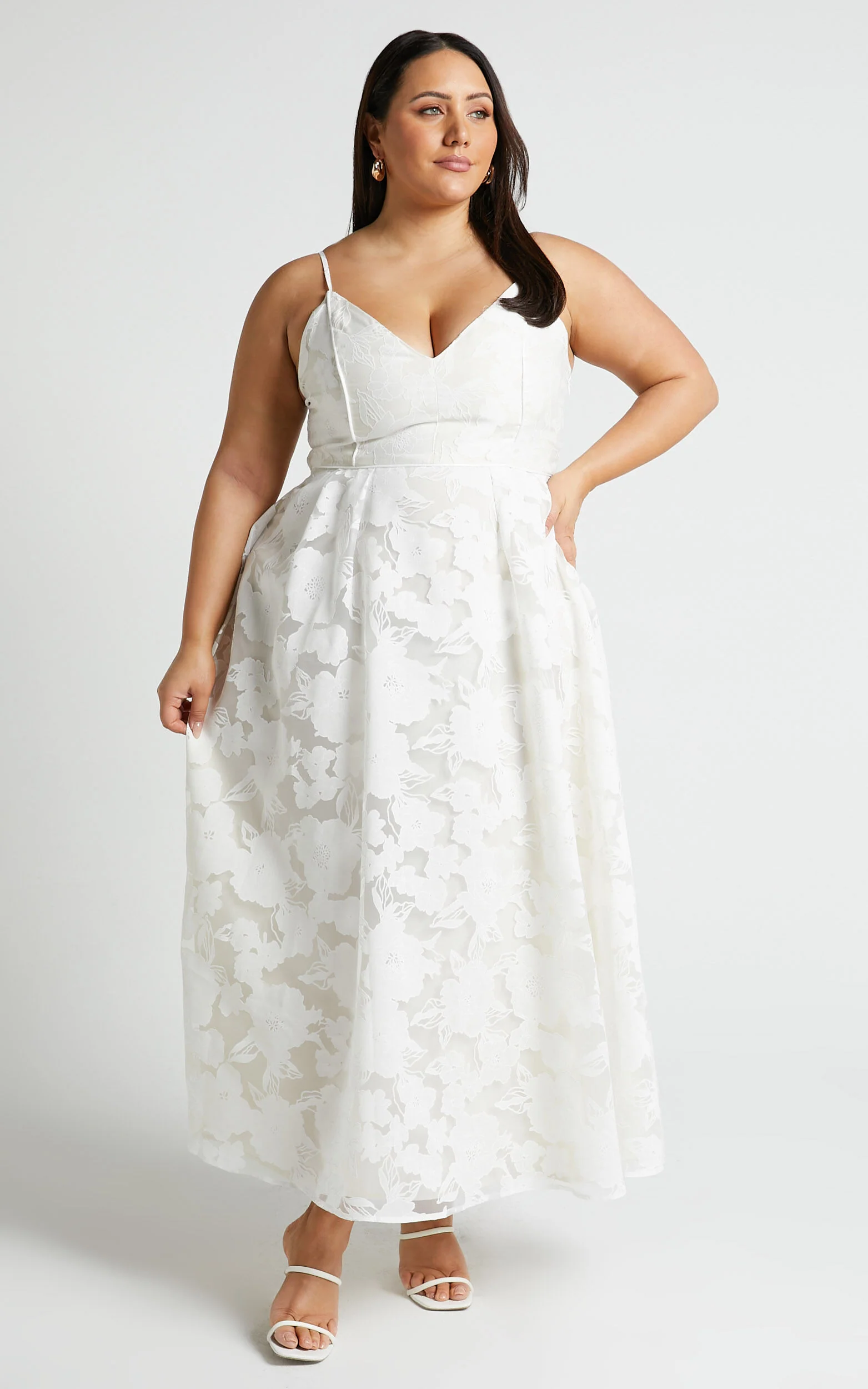 Philine Midi Dress - Jacquard Plunge Fit and Flare Dress in White