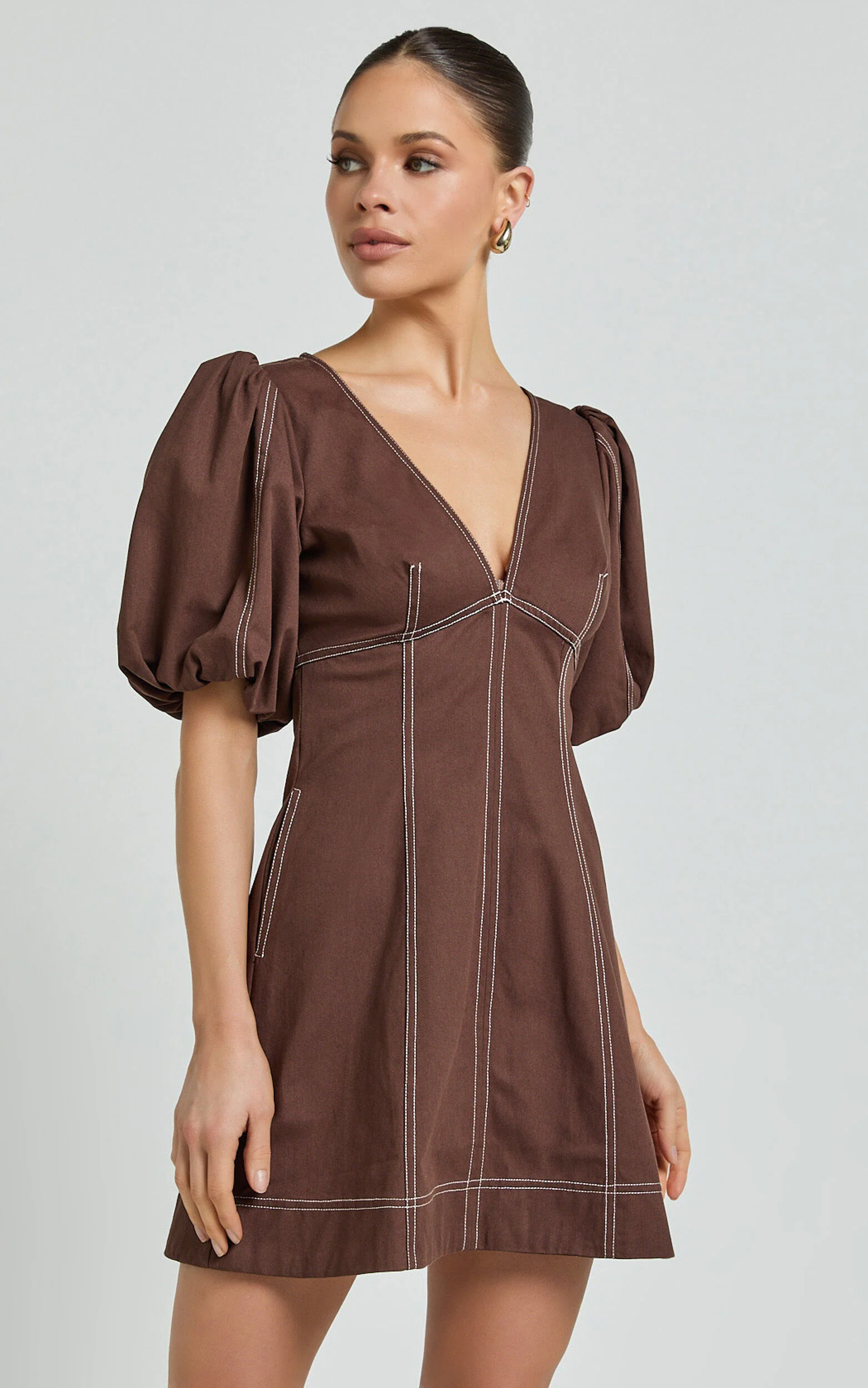 Tallie Mini Dress - Linen Puff Sleeve A Line Dress in Chocolate