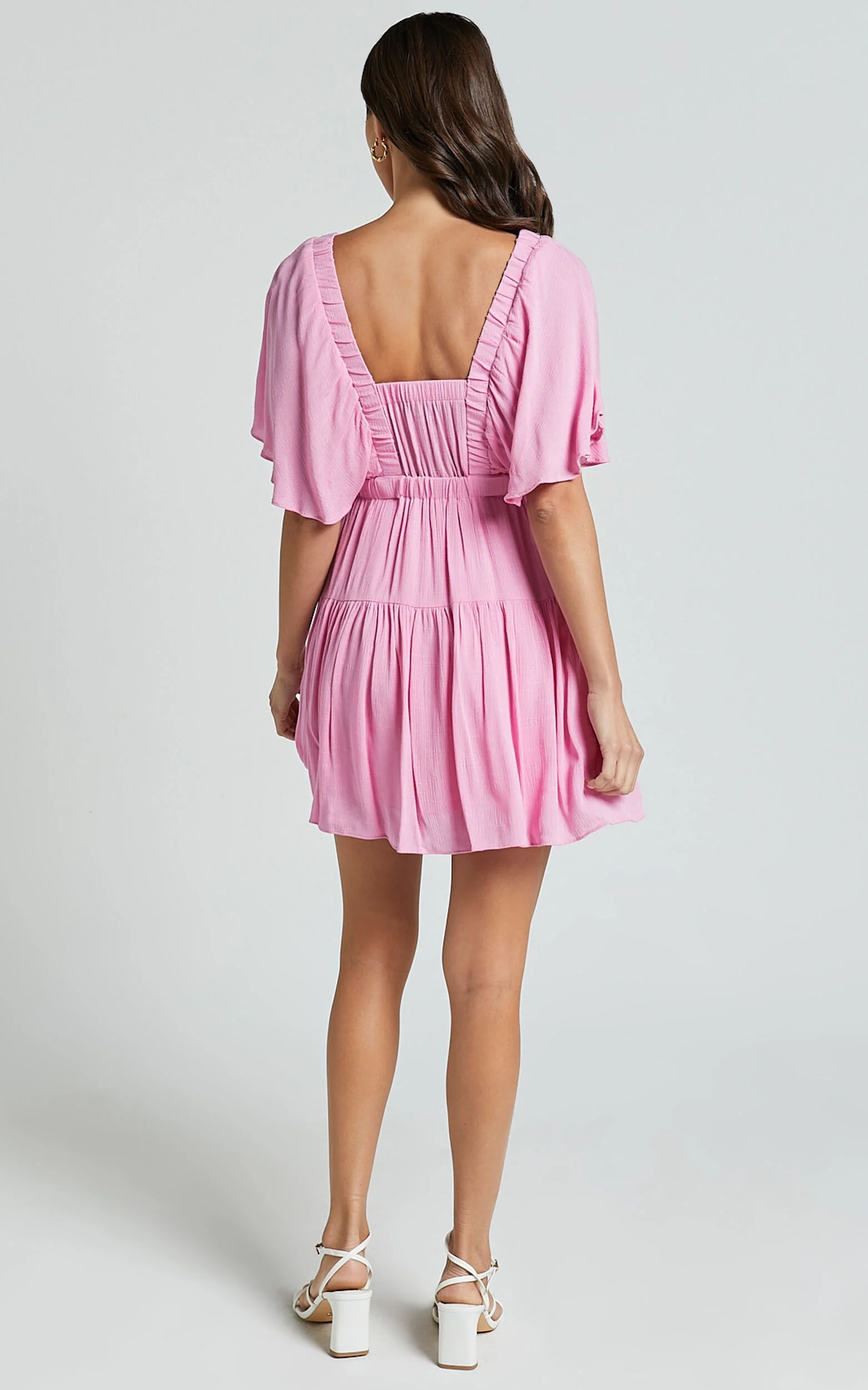 Heidi Mini Dress - Ruffle sleeve Tiered Dress in Pink