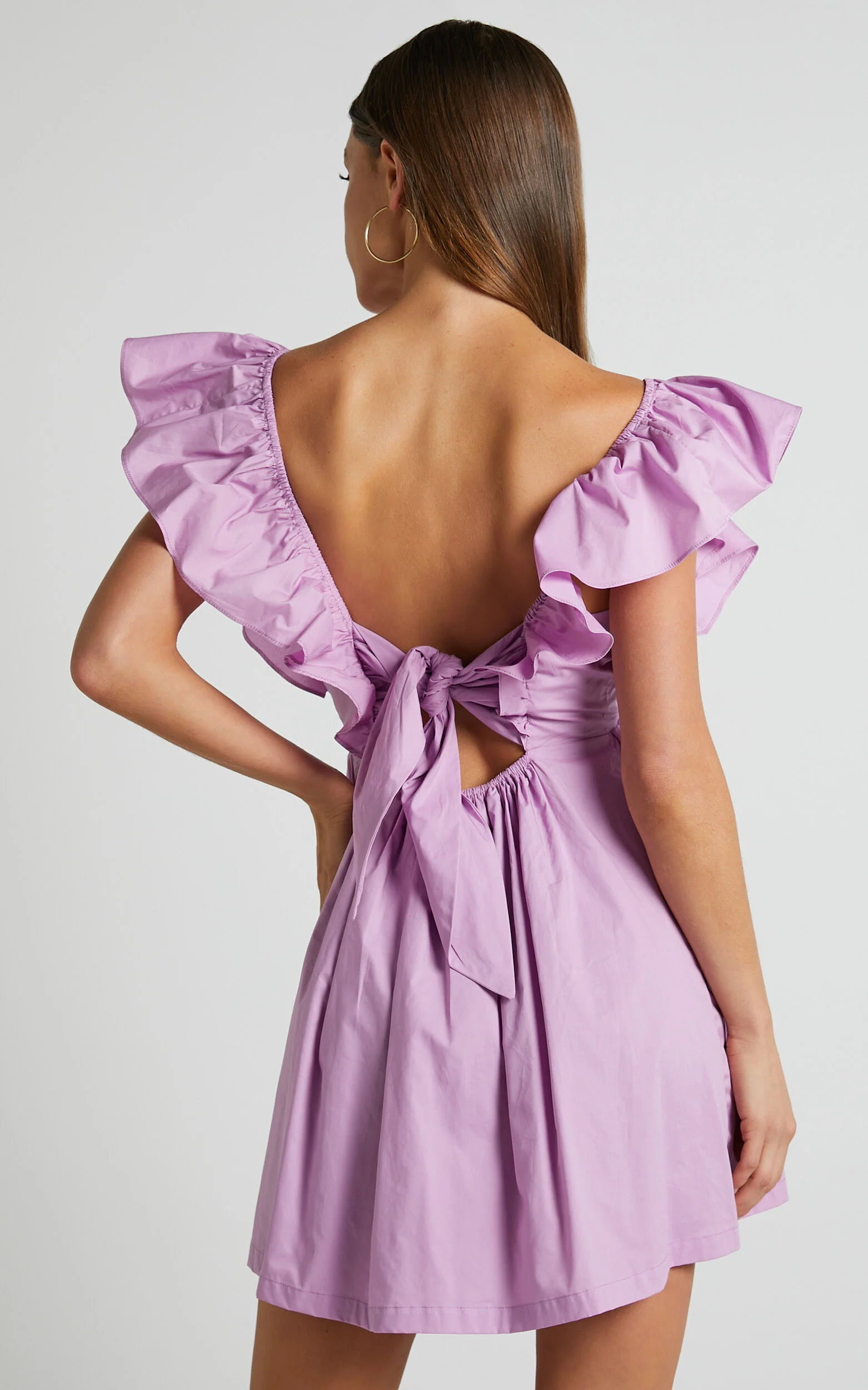 Raiza Mini Dress - Ruffle Sleeve Tie Back Plunge Dress in Lilac