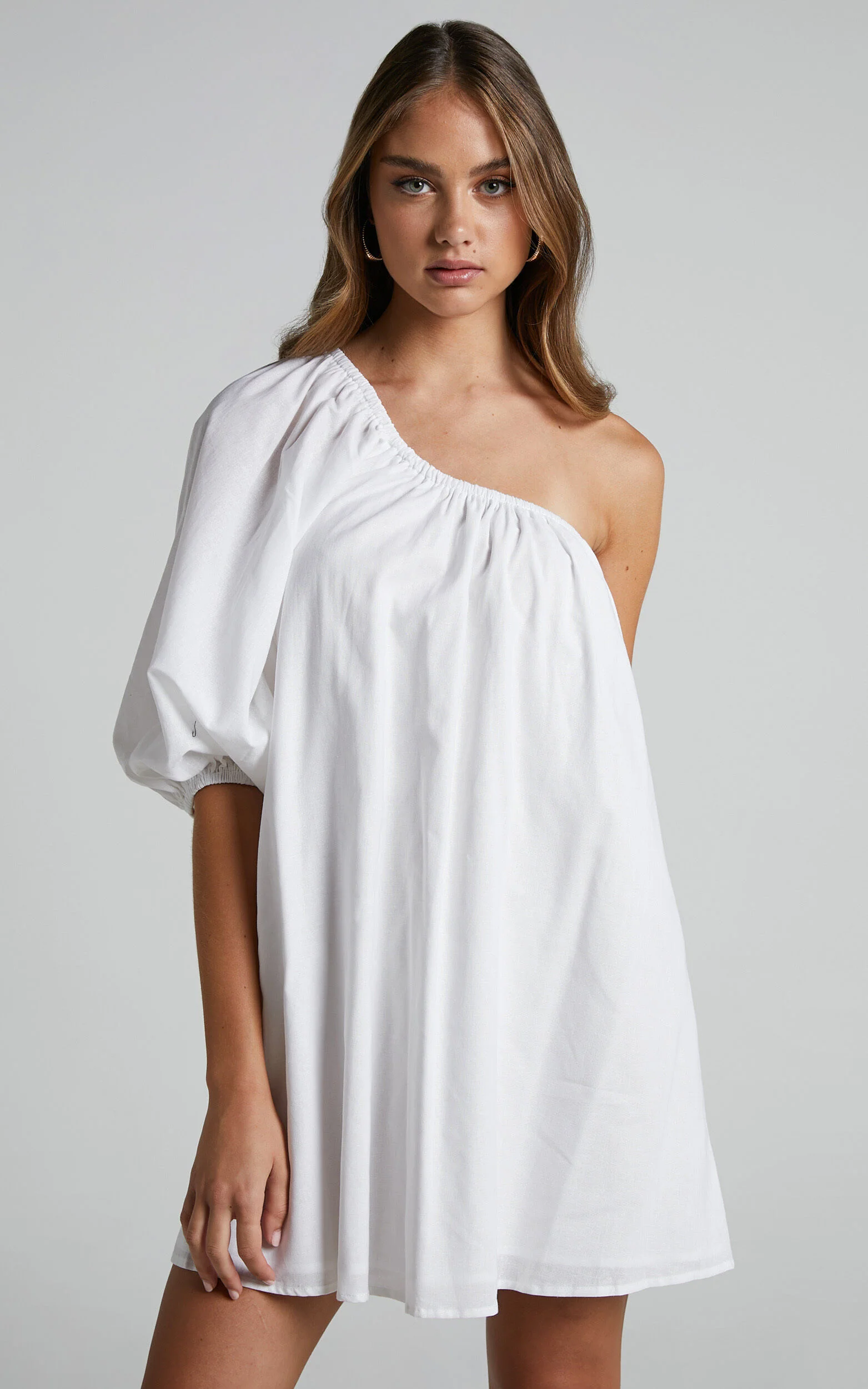Estella Mini Dress - One Shoulder Puff Sleeve Shift Dress in White