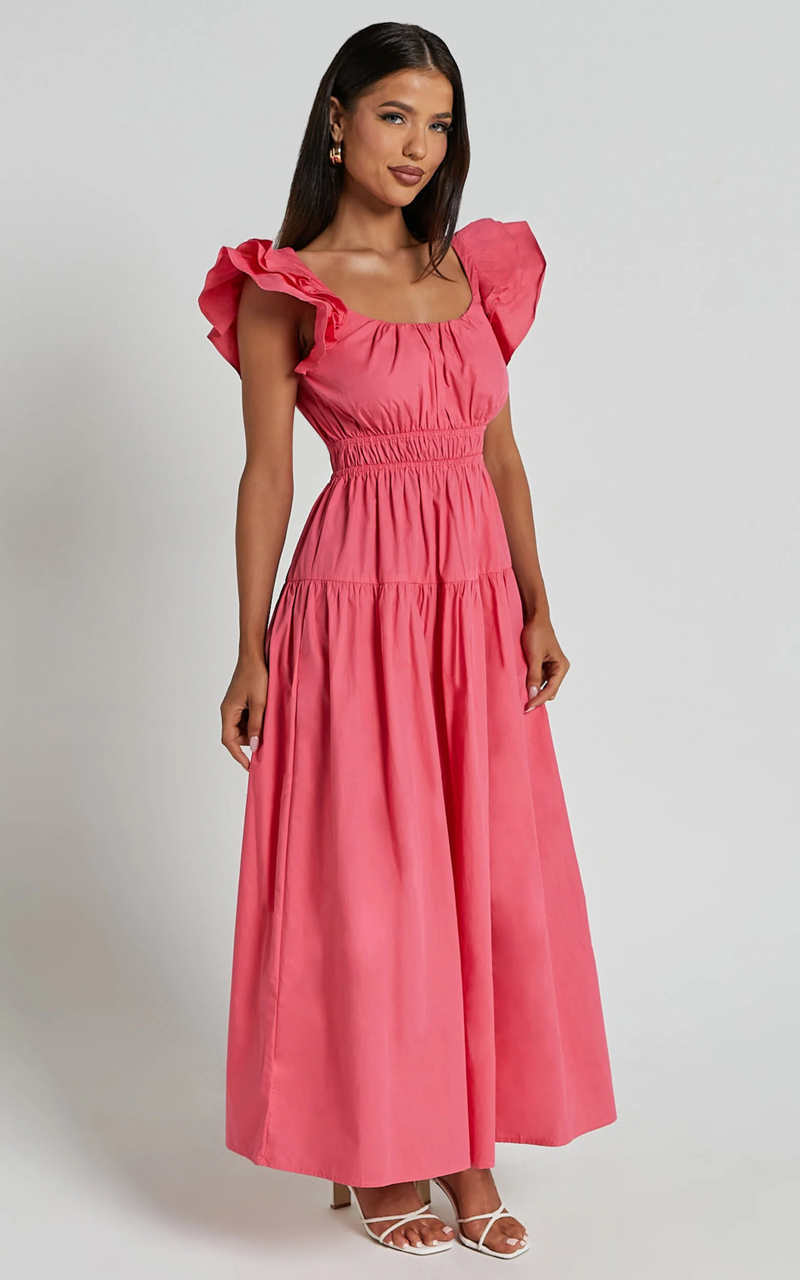 Arlene Midi Dress - Square Neck Shoulder Frill Tiered Dress in Berry