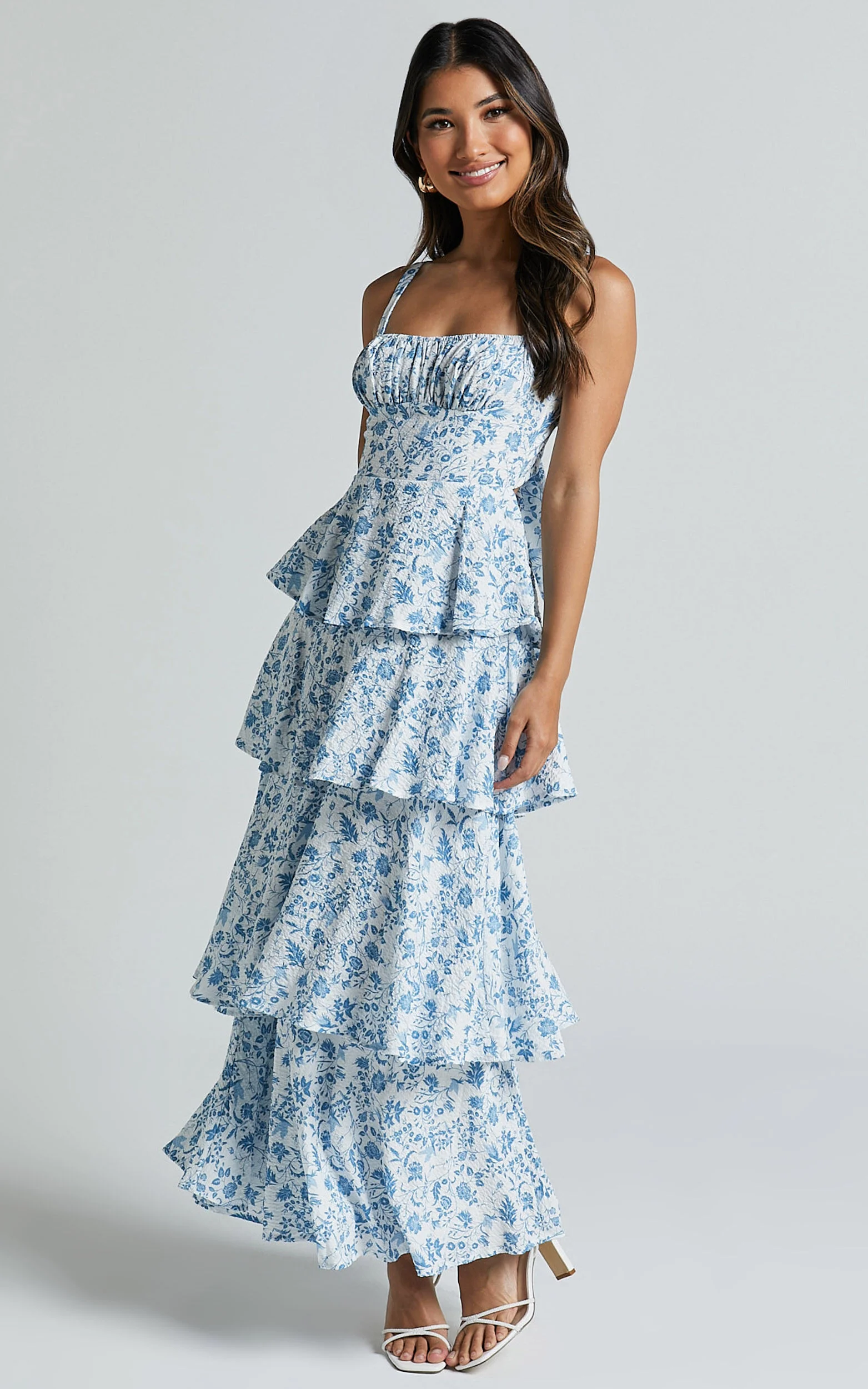 Lorma Midi Dress - Ruched Layered Dress in Blue Floral