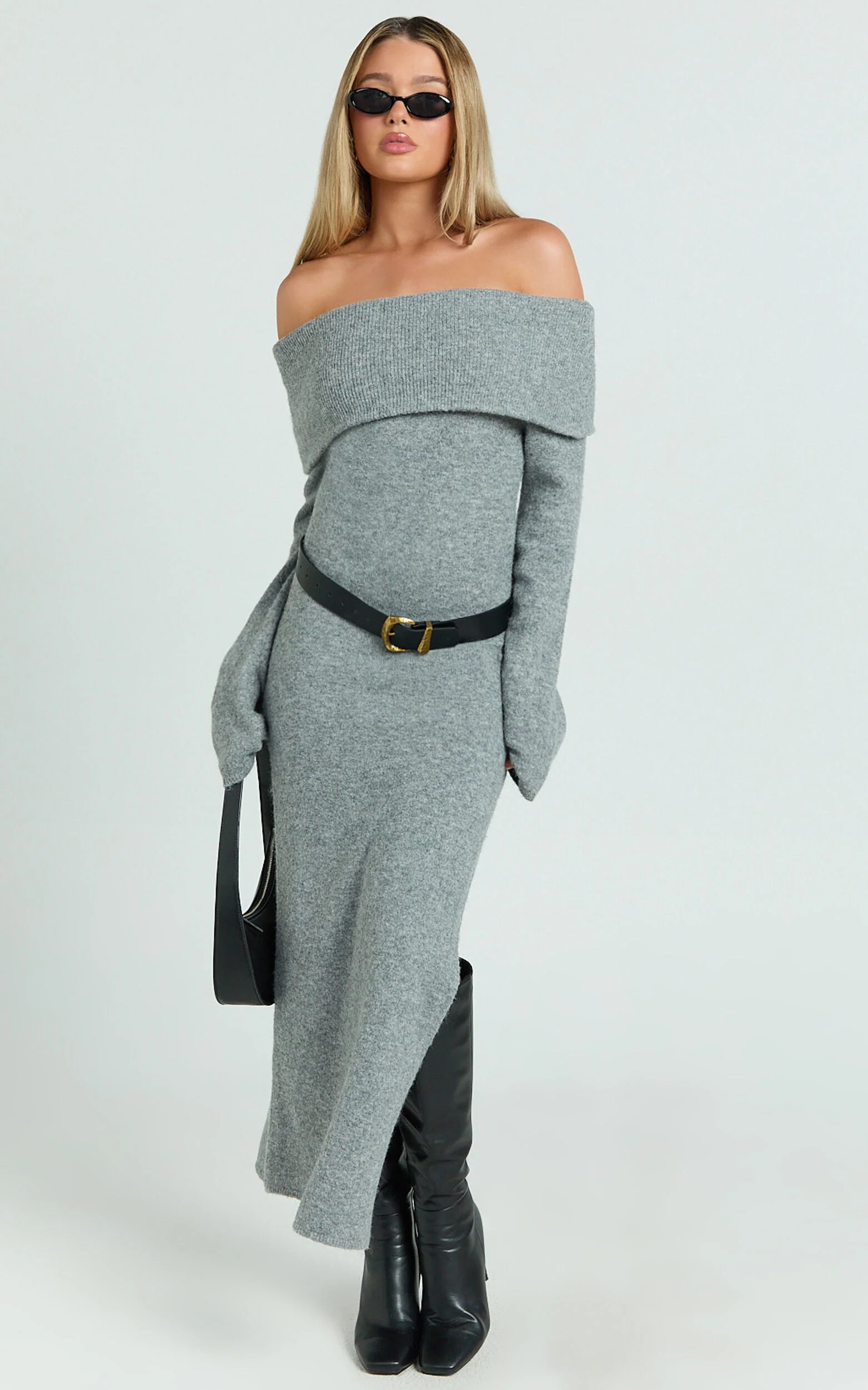 Darcie Midi Dress - Off Shoulder Knitted Long Sleeve Dress in Grey Marle