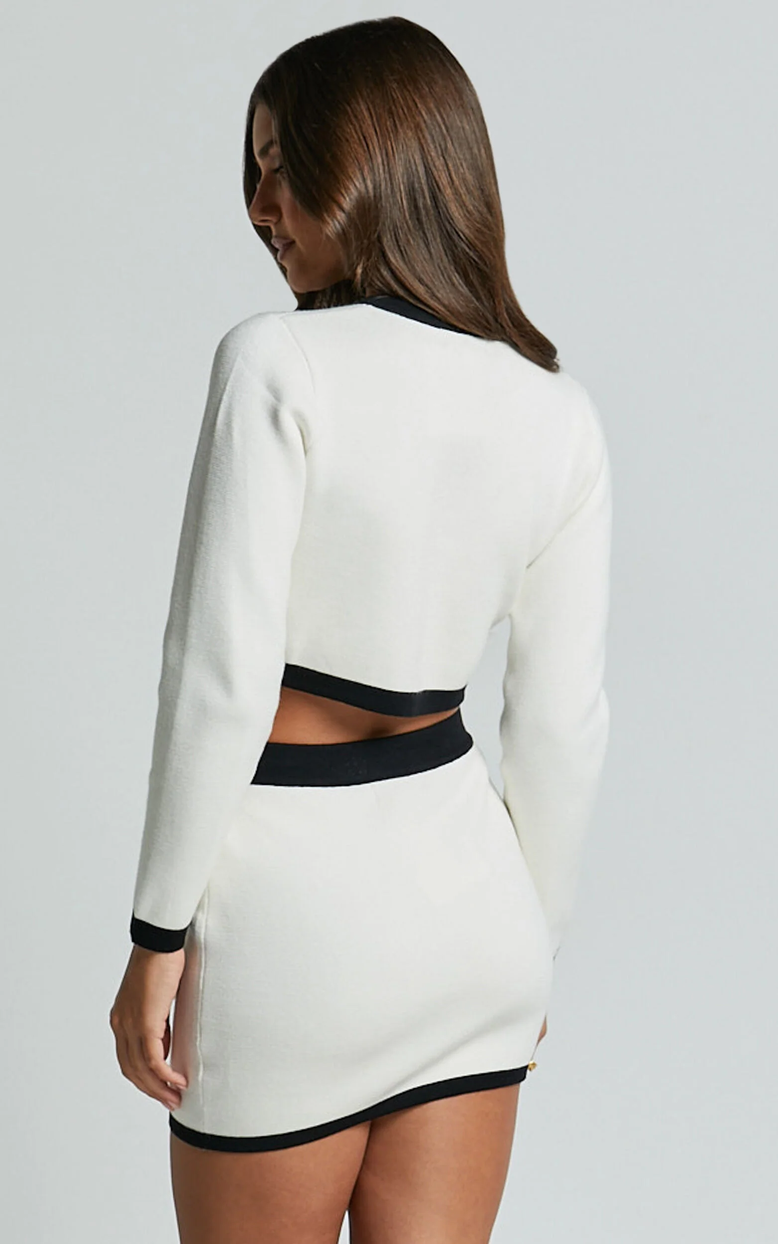 Alyce Cardigan - Button Through Bow Detail Contrast Knit Cardigan in White & Black