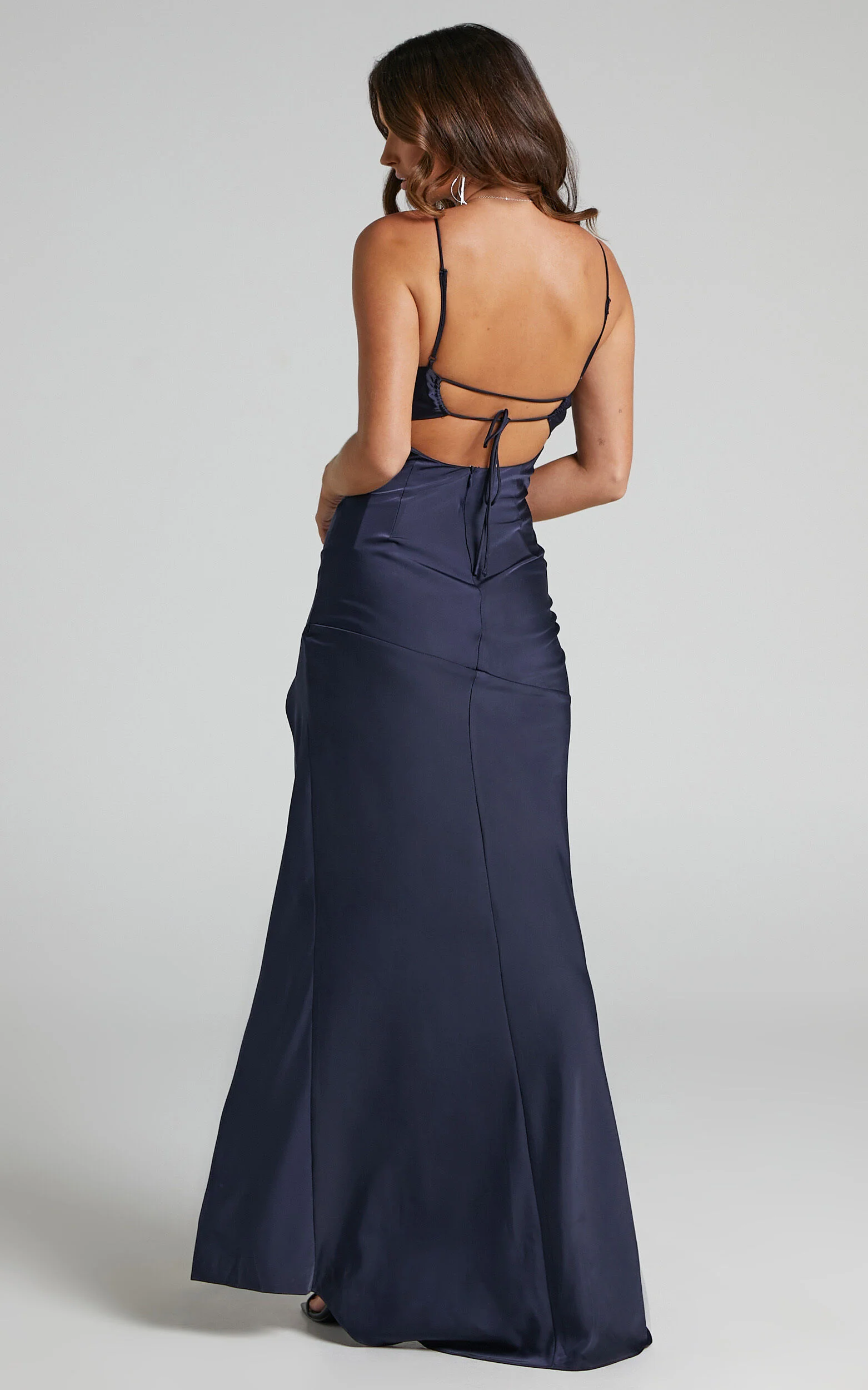 Ardent Maxi Dress - Cowl Neck Tie Back Satin Dress in Navy