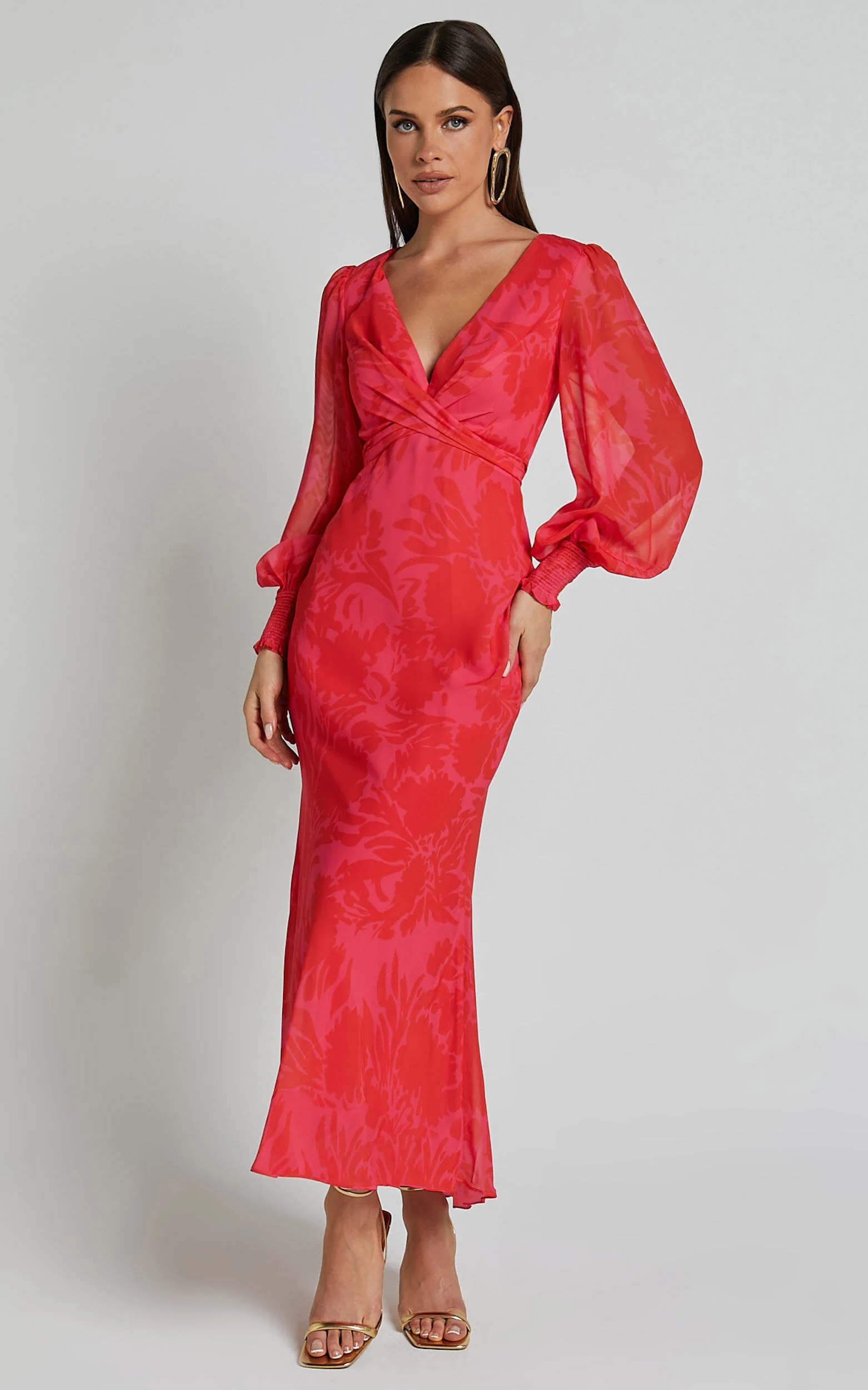 Claude Midi Dress - Deep V Neck Long Sleeve Slip Dress in Print