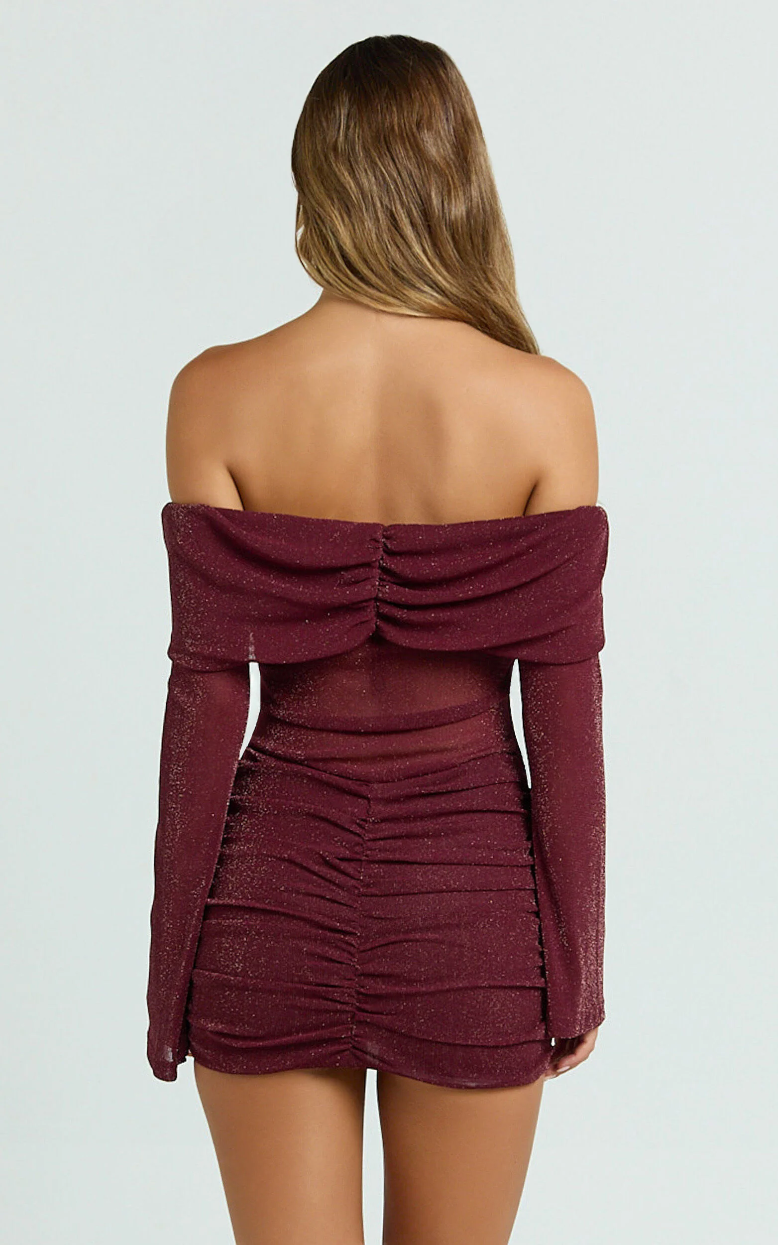 Rumi Mini Dress - Glitter Tulle Off Shoulder Ruched Dress in Wine