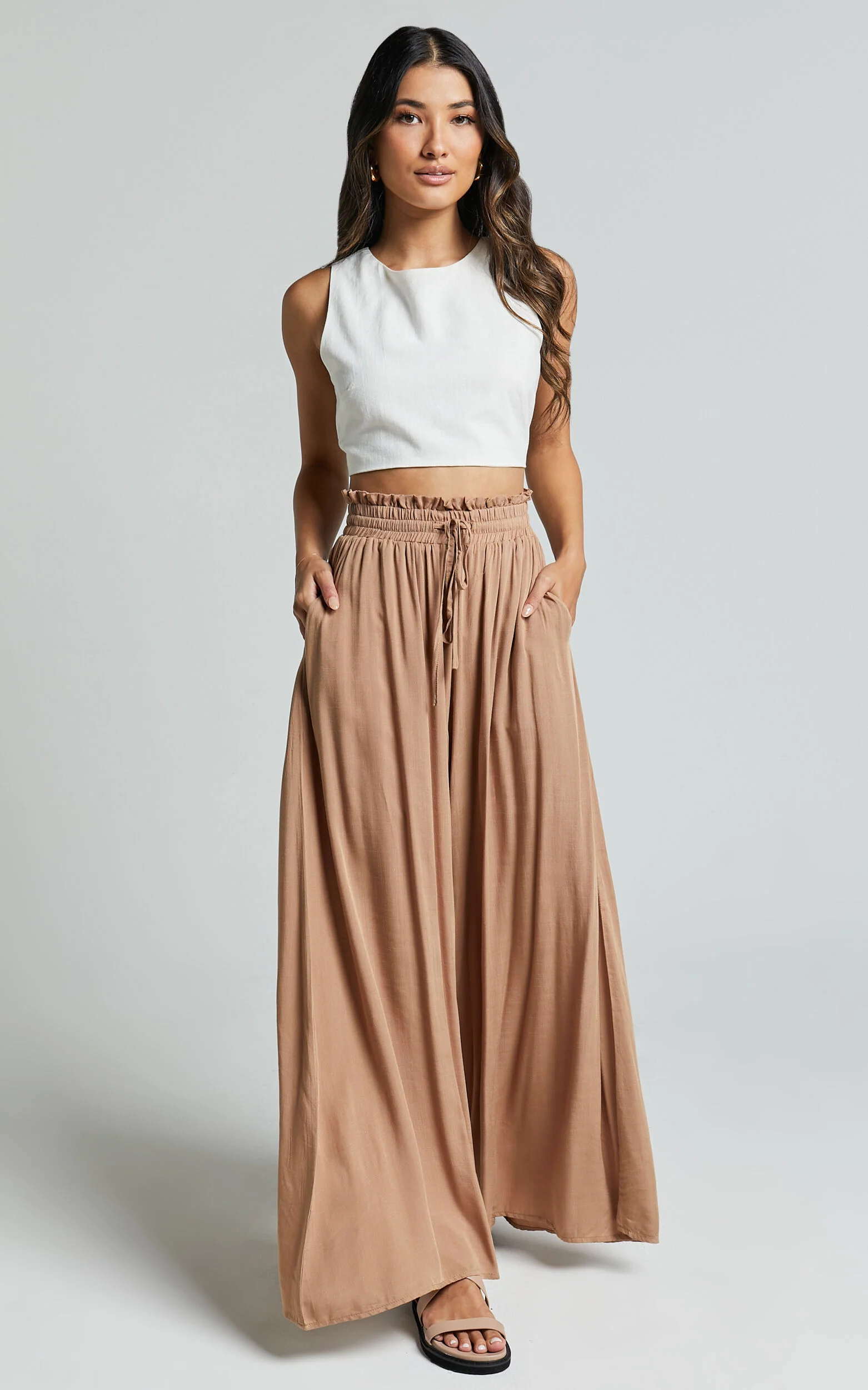 Hany Pants - High Waist Drawstring Wide Leg Pants in Latte