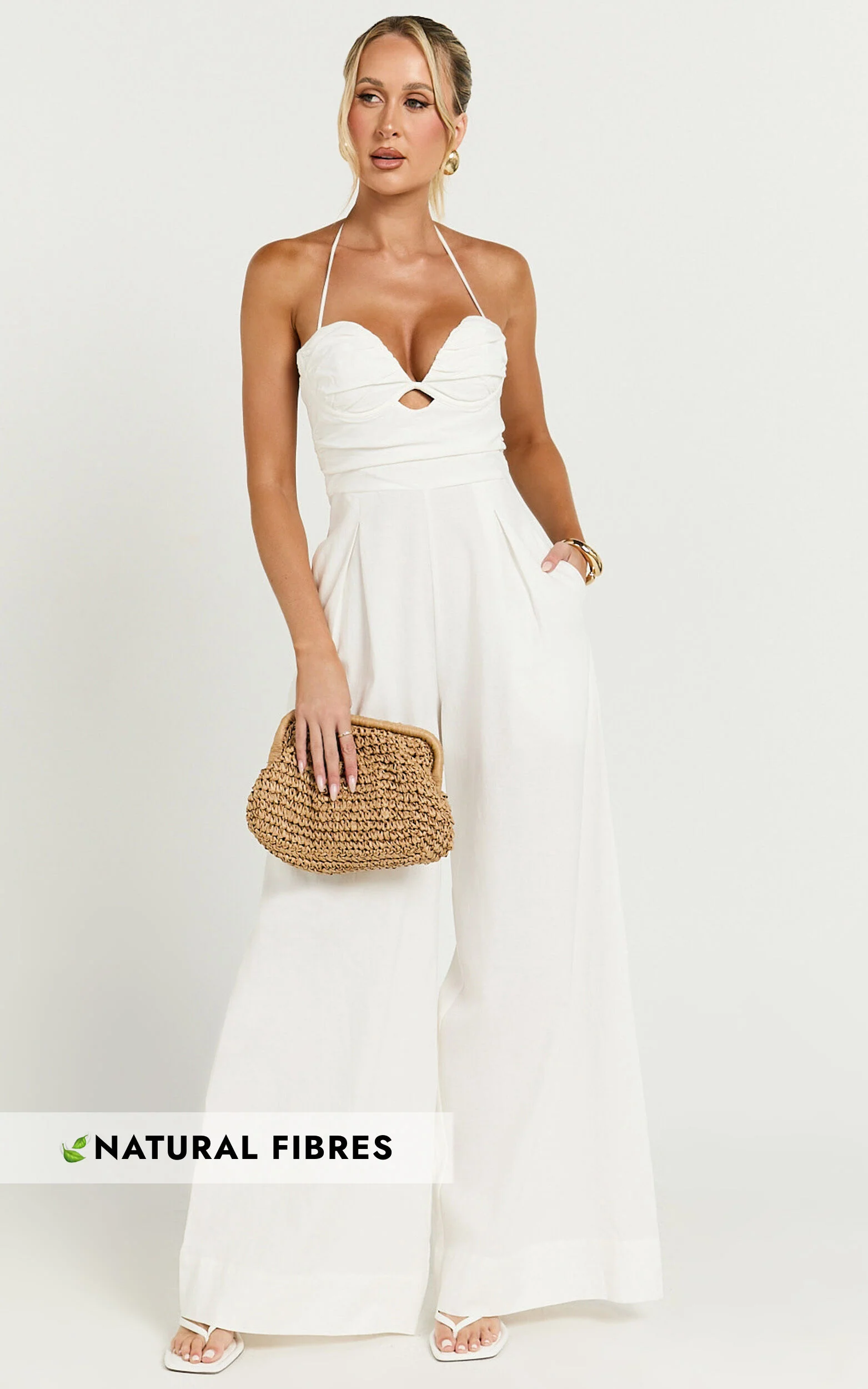 Norah Jumpsuit - Linen Halter Neck Wide Leg Jumpsuit in White