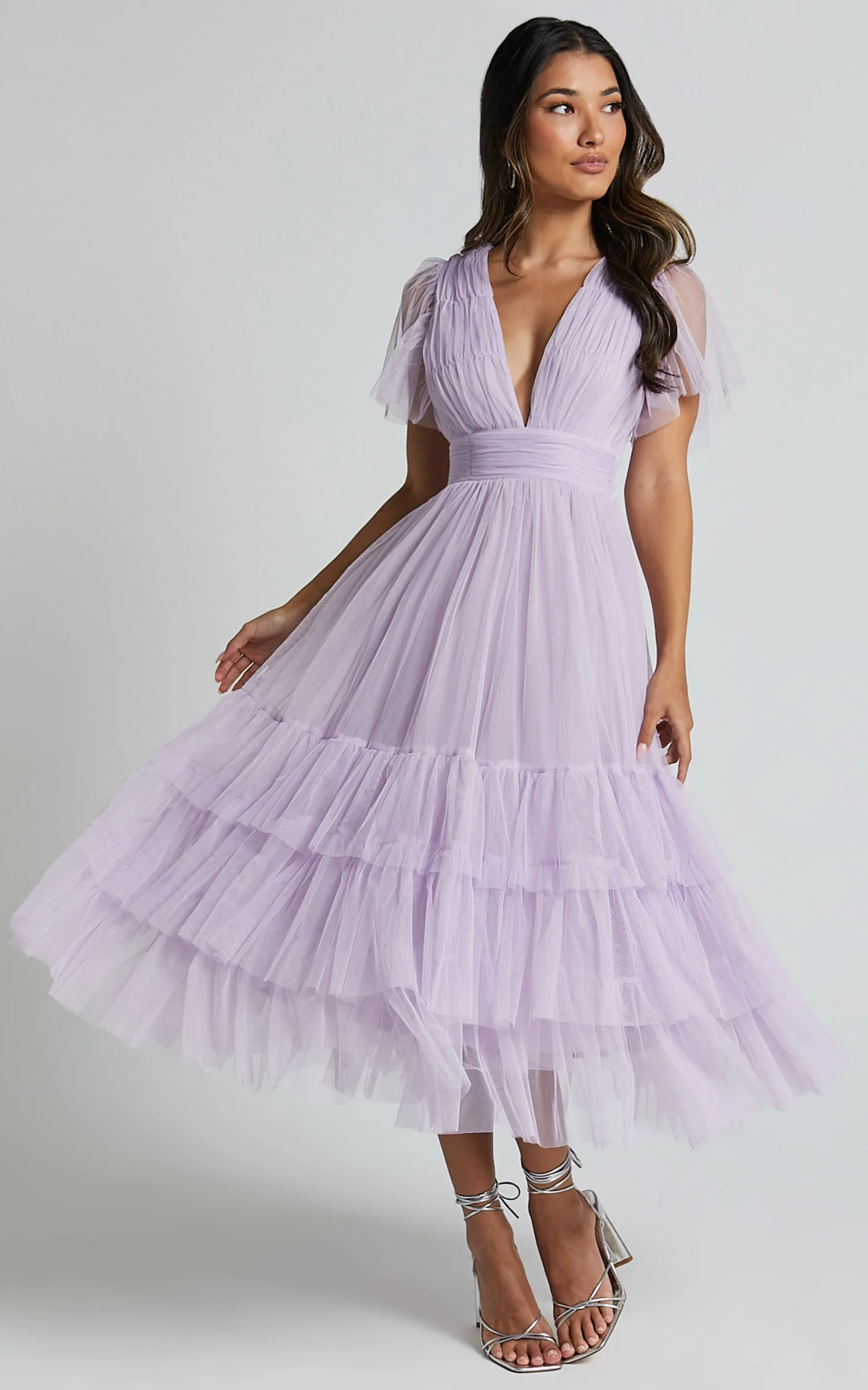 Jiraye Midi Dress - Flutter Sleeve Tuelle Plunge Dress in Lilac