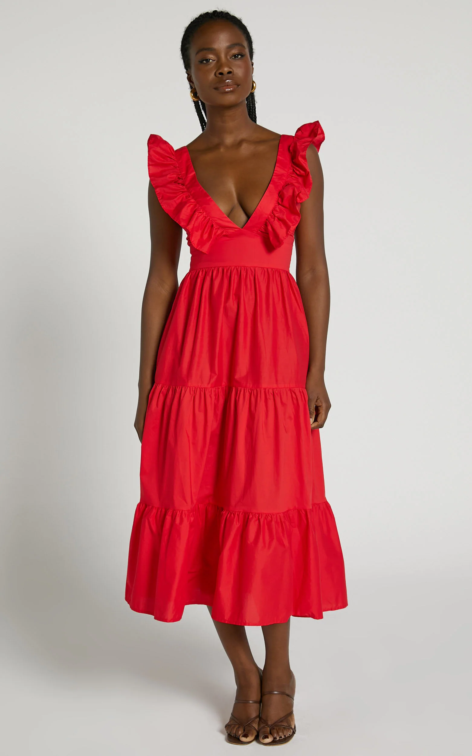 Levona Midi Dress - Ruffle Shoulder Tiered Dress in Cherry Tomato
