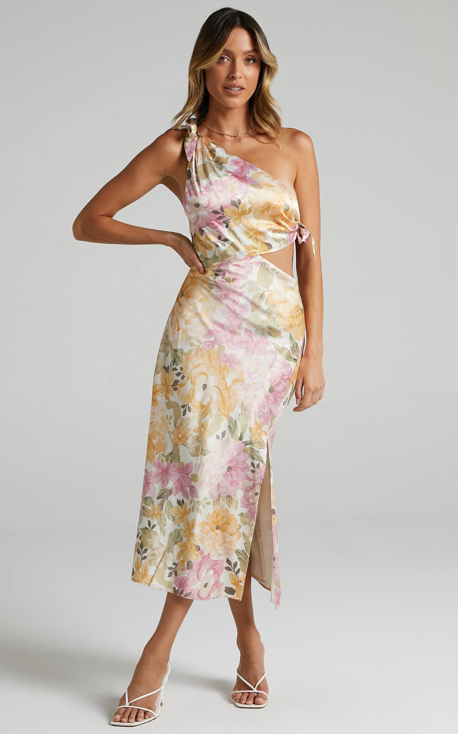 Glaucus Midi Dress - One Shoulder Cut Out Dress in Elegant Rose