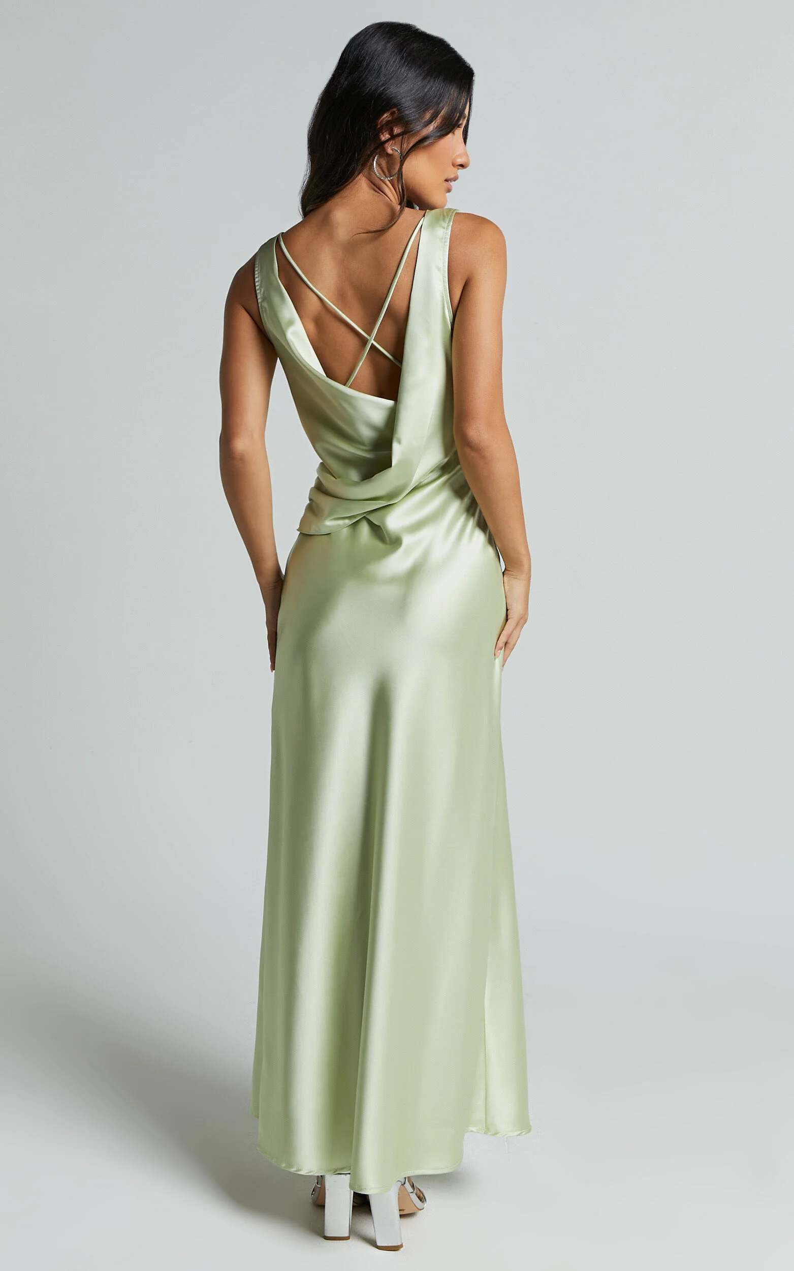 Bettina Midi Dress- Deep V Cross Back Satin Dress in Apple Green