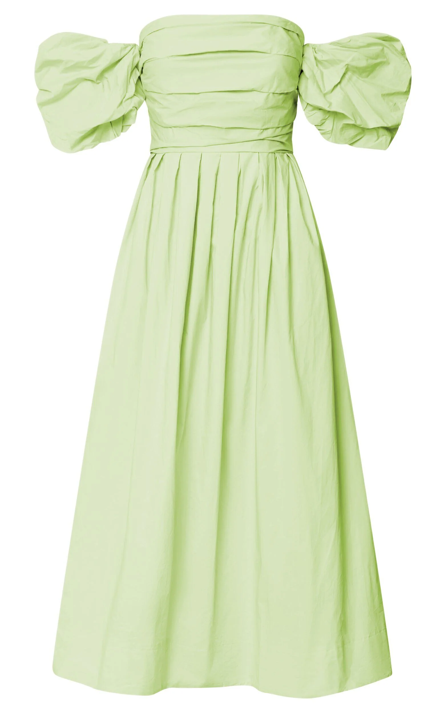 Annie Midi Dress - Off The Shoulder Ruffle Sleeve Pleated Dress in Lime