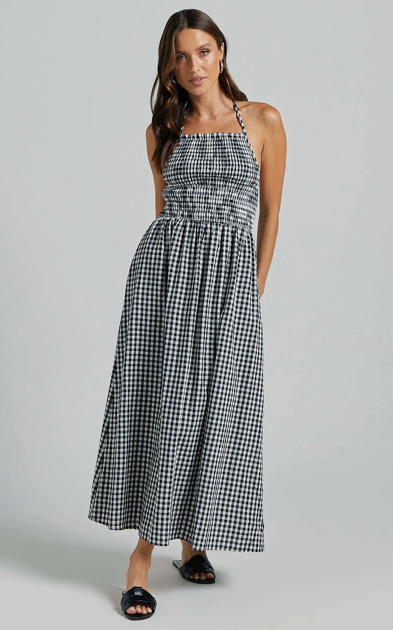 Aimie Midi Dress - Strappy Halter Neck Shirred Top in White Check