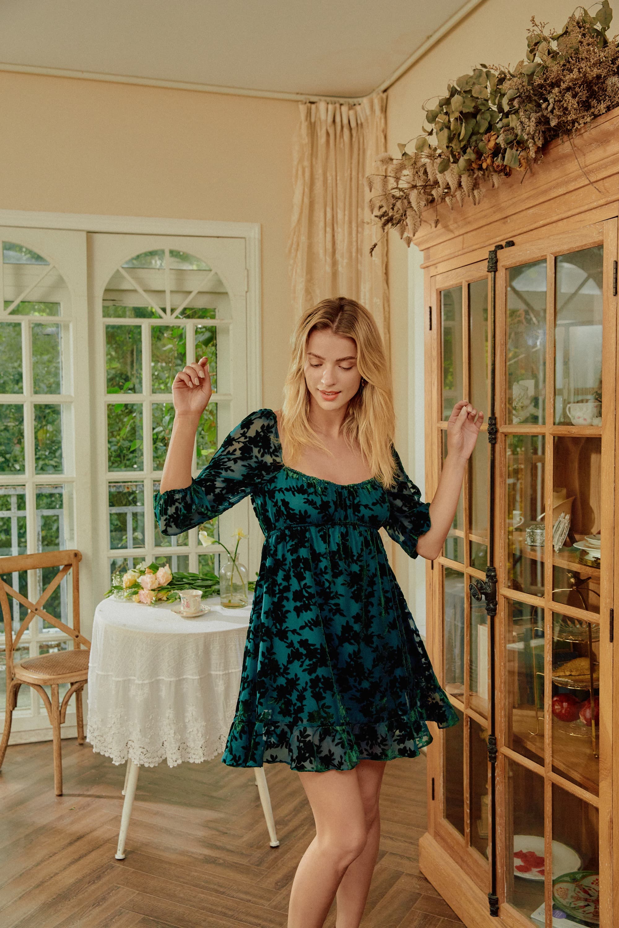 Nina Emerald Green Babydoll Velvet Mini Dress