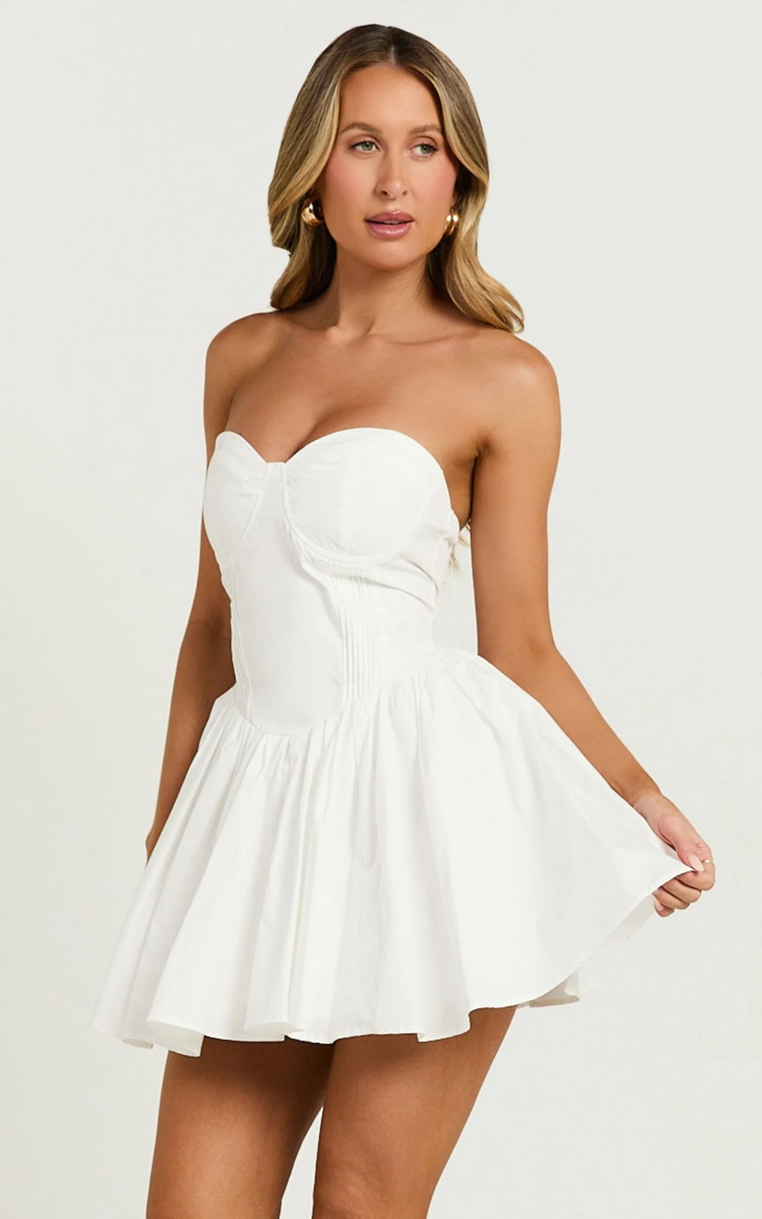 Suzanna Mini Dress - Strapless Pleat Full Skirt Mini in White