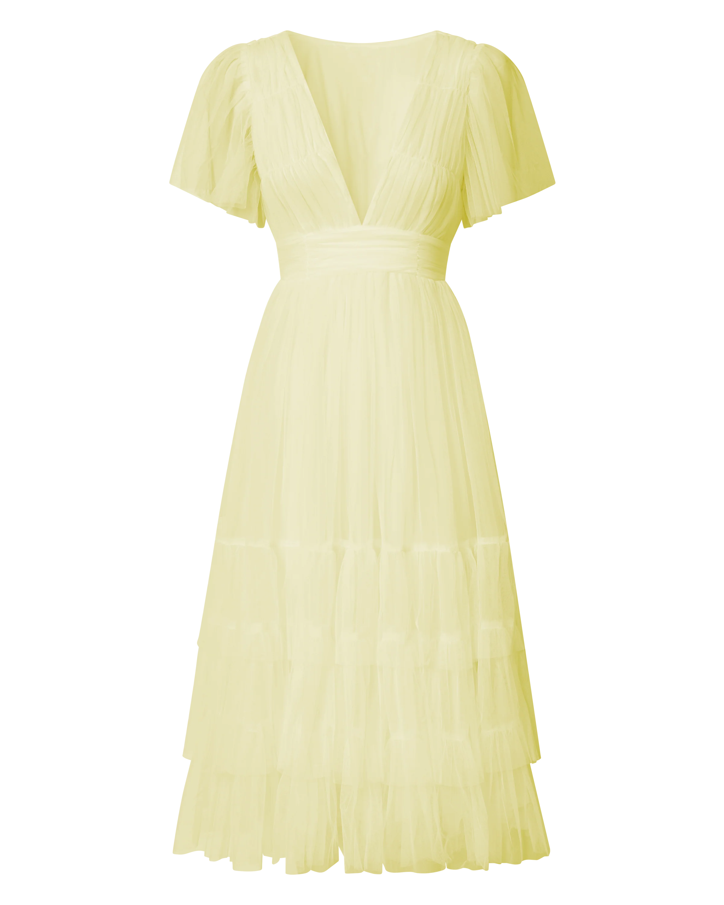 Jiraye Midi Dress - Flutter Sleeve Tuelle Plunge Dress in Lemon