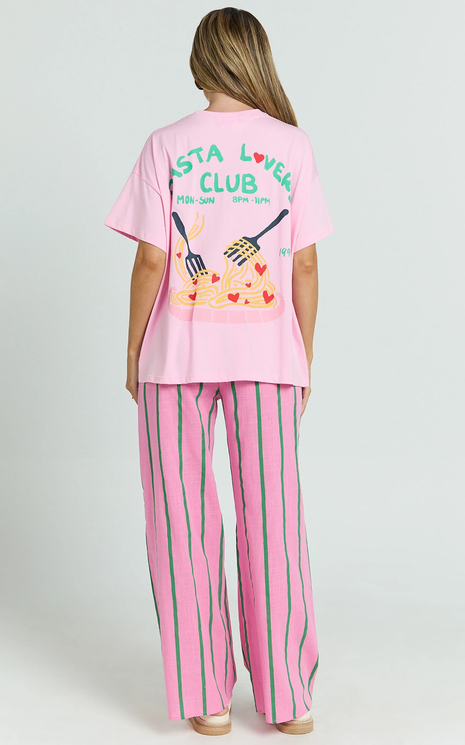 Alda Two Piece Set - Pasta Lovers Club Tee and Striped Pant Set in Pink
