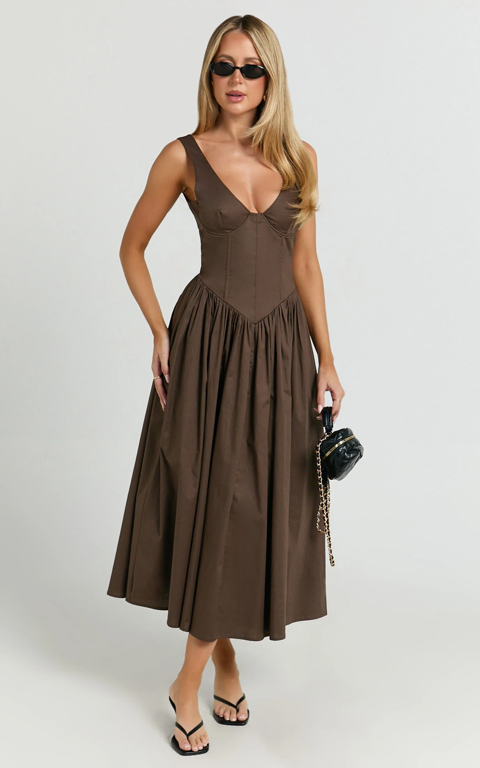 Beckett Midi Dress - Scoop Neck Drop V Waist Gathered Skirt Dress in Dark Chocolate