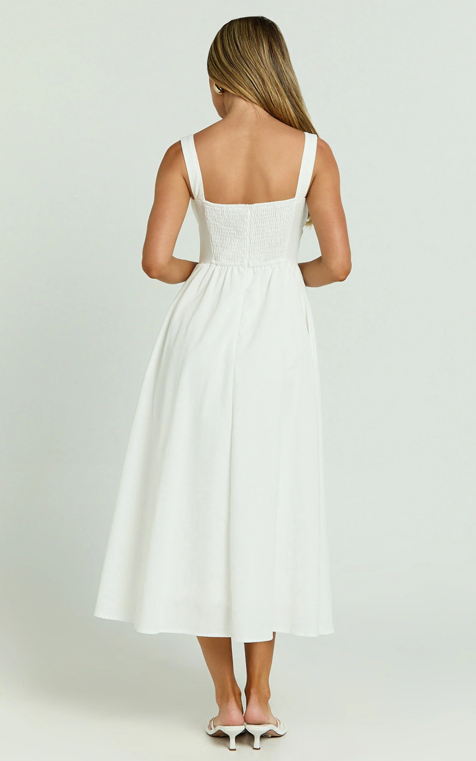 Khari Midi Dress - Linen Look Square A Line Dress in White